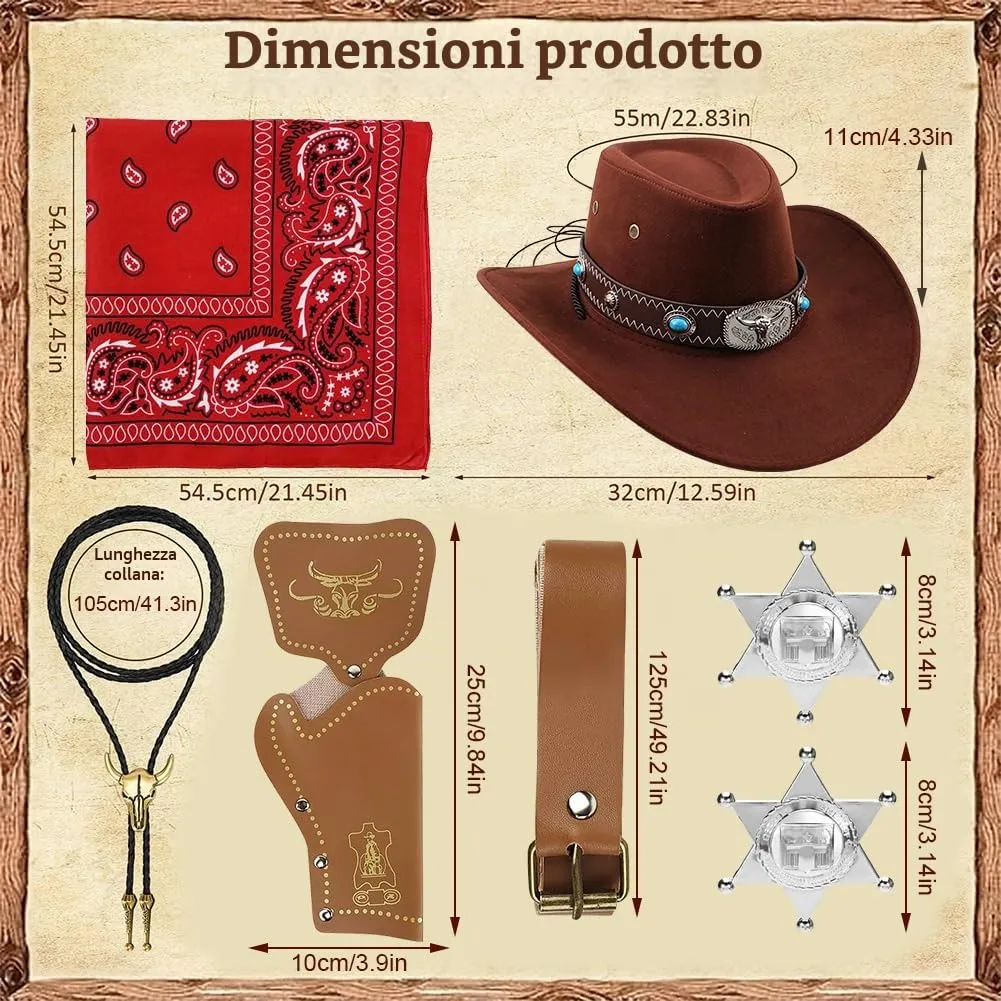 WFKKMEQ Costume da Cowboy Kit Accessori con Bandana, Cappello, Cintura, Fondina, Collana e Distintivo - immagine 2