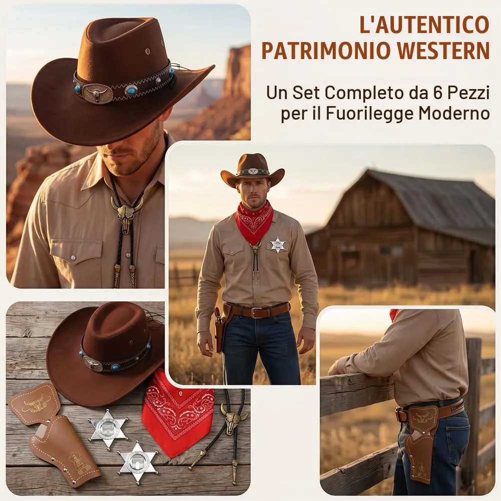 WFKKMEQ Costume da Cowboy Kit Accessori con Bandana, Cappello, Cintura, Fondina, Collana e Distintivo - immagine 3