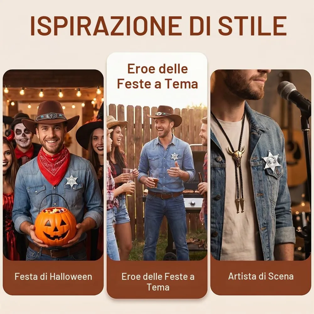 WFKKMEQ Costume da Cowboy Kit Accessori con Bandana, Cappello, Cintura, Fondina, Collana e Distintivo - immagine 4