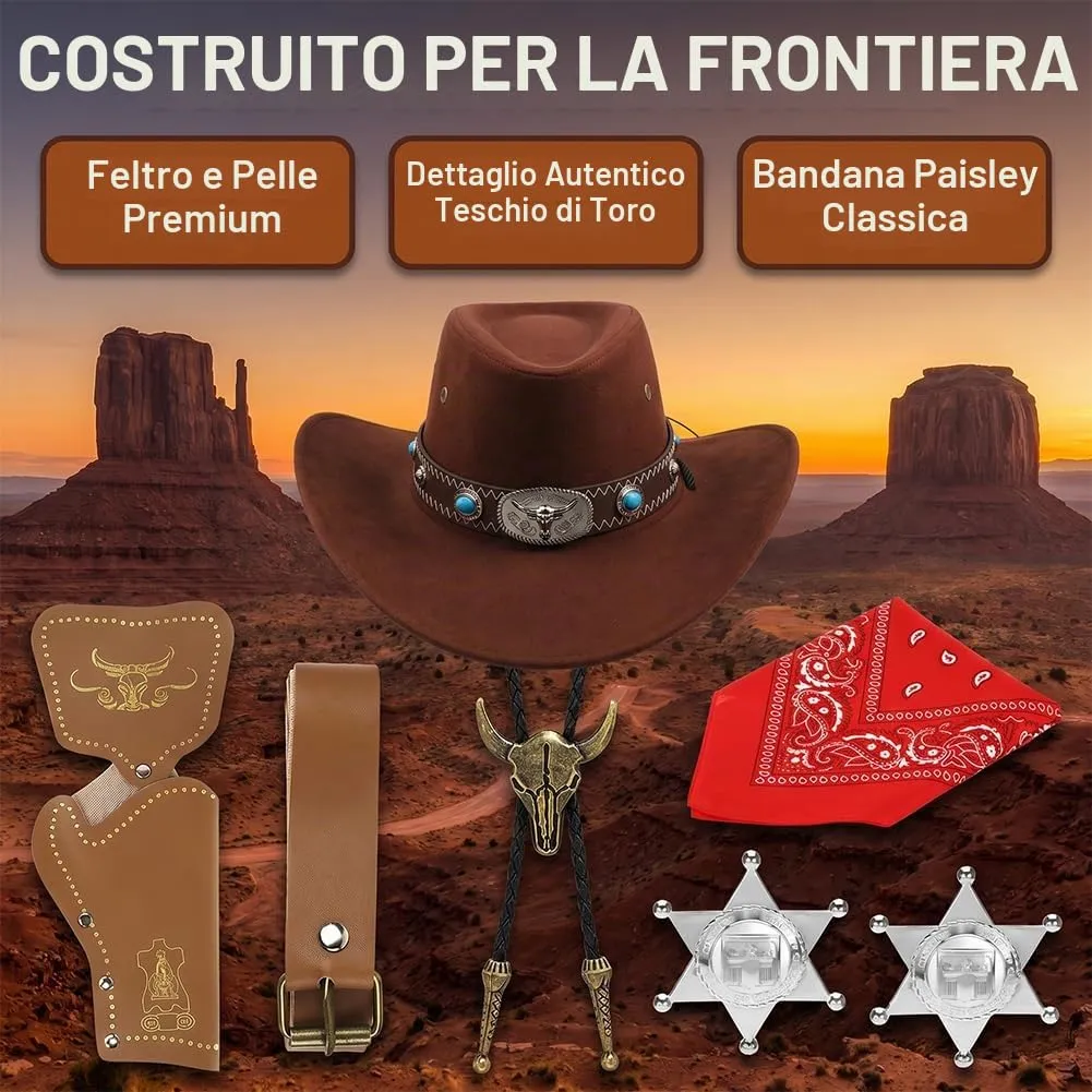 WFKKMEQ Costume da Cowboy Kit Accessori con Bandana, Cappello, Cintura, Fondina, Collana e Distintivo - immagine 5