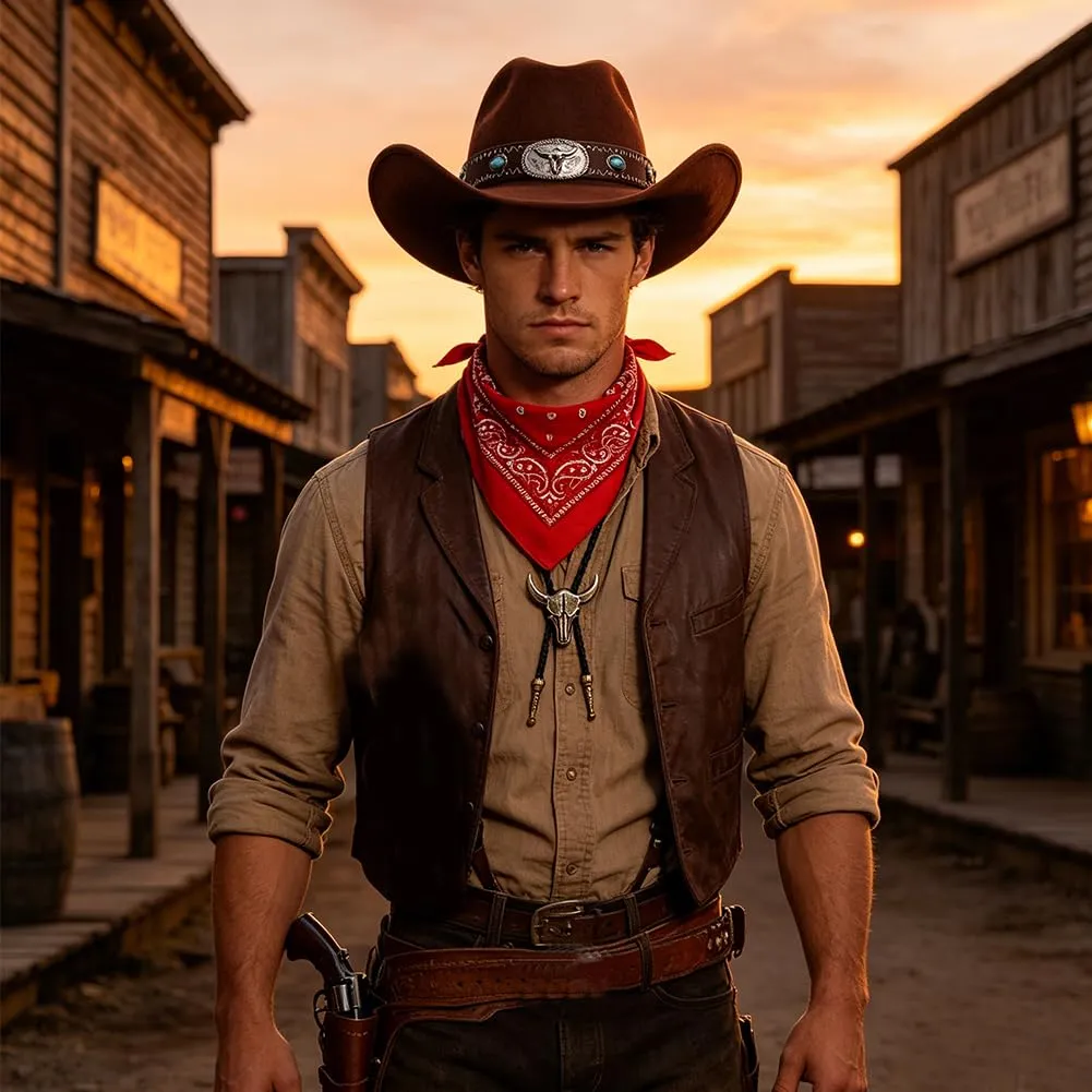 WFKKMEQ Costume da Cowboy Kit Accessori con Bandana, Cappello, Cintura, Fondina, Collana e Distintivo - immagine 7