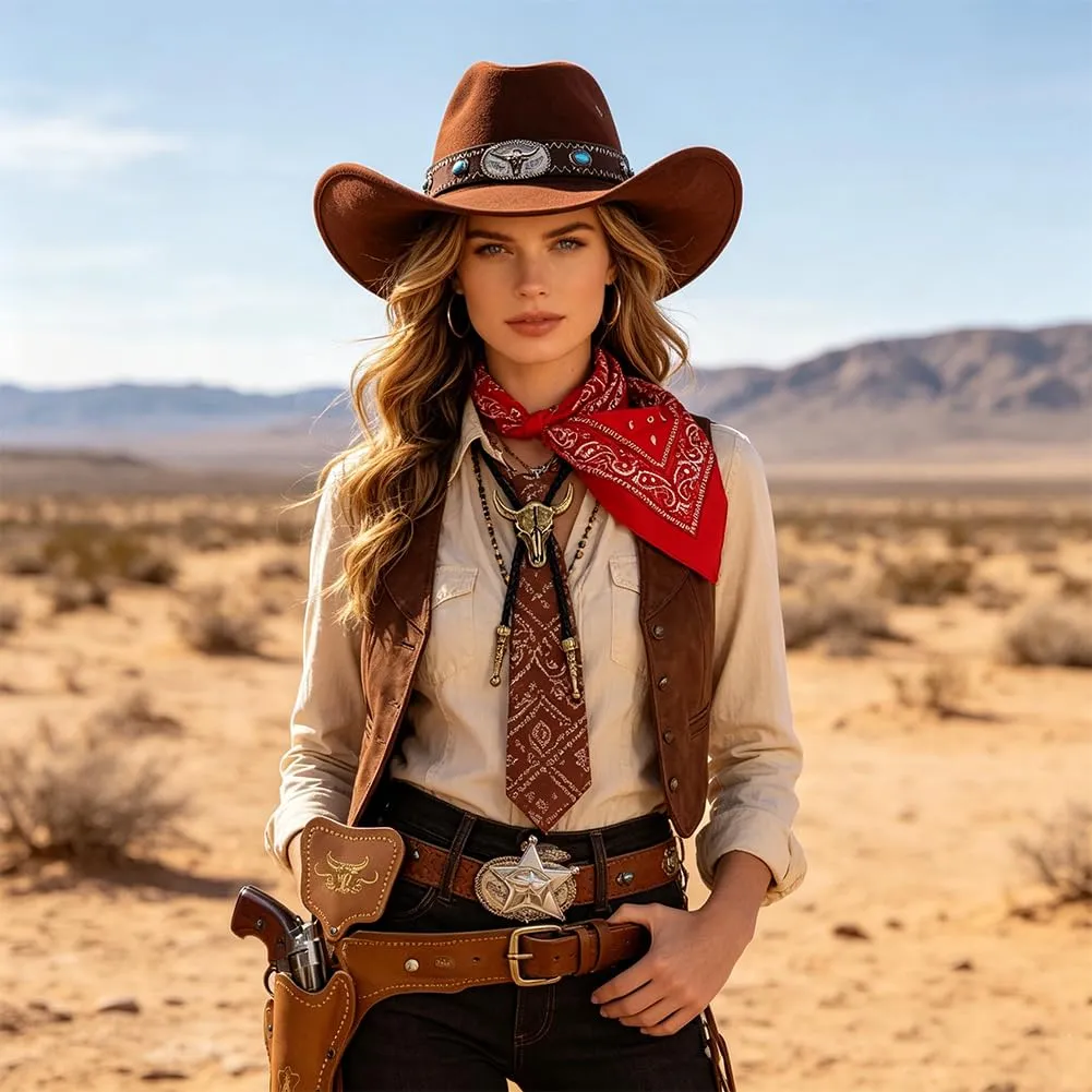 WFKKMEQ Costume da Cowboy Kit Accessori con Bandana, Cappello, Cintura, Fondina, Collana e Distintivo - immagine 8