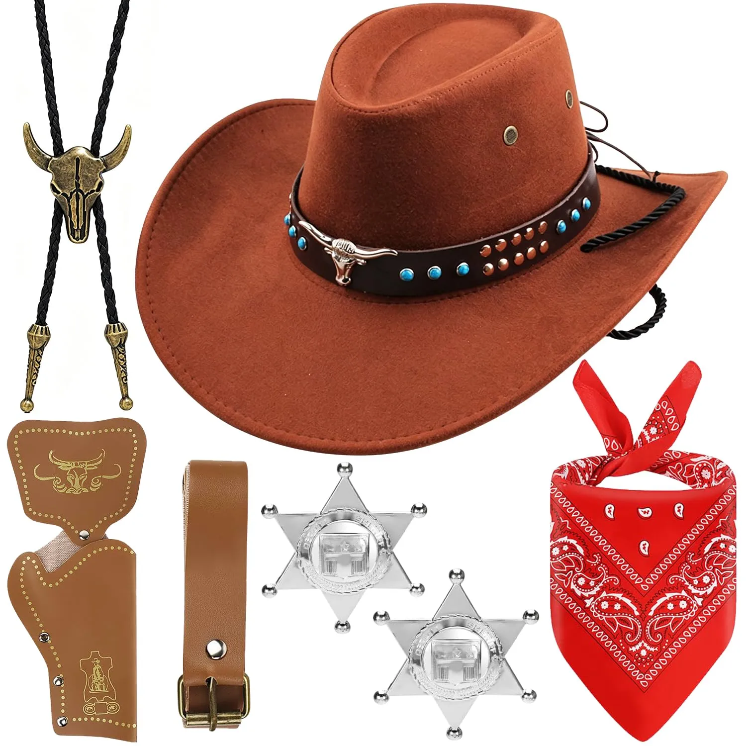 WFKKMEQ Costume da Cowboy per Cosplay, Kit Accessori con Cappello, Bandana, Cintura, Fondina, Collana e Distintivo - immagine 1