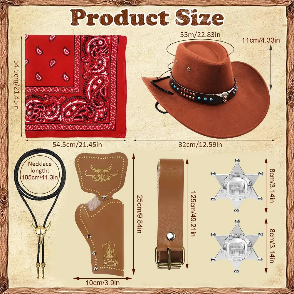 WFKKMEQ Costume da Cowboy per Cosplay, Kit Accessori con Cappello, Bandana, Cintura, Fondina, Collana e Distintivo - immagine 2