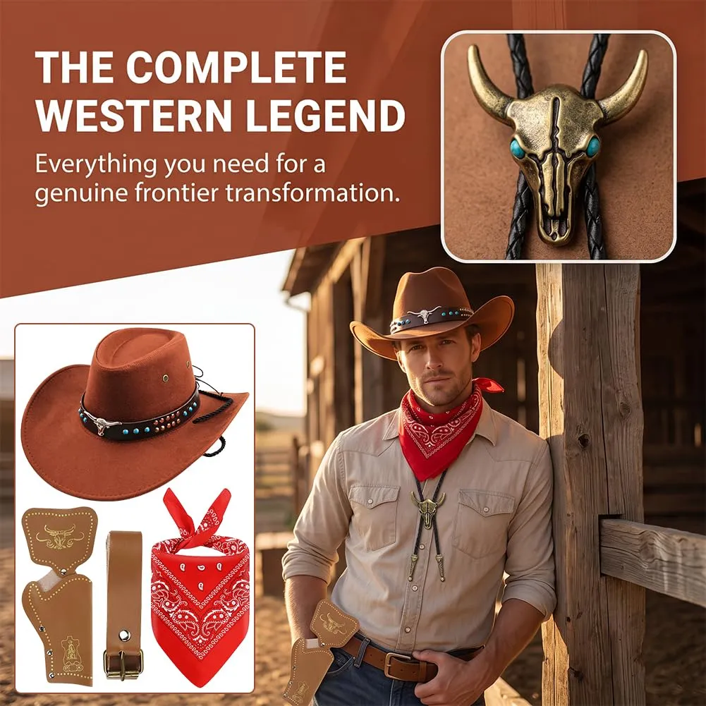 WFKKMEQ Costume da Cowboy per Cosplay, Kit Accessori con Cappello, Bandana, Cintura, Fondina, Collana e Distintivo - immagine 3