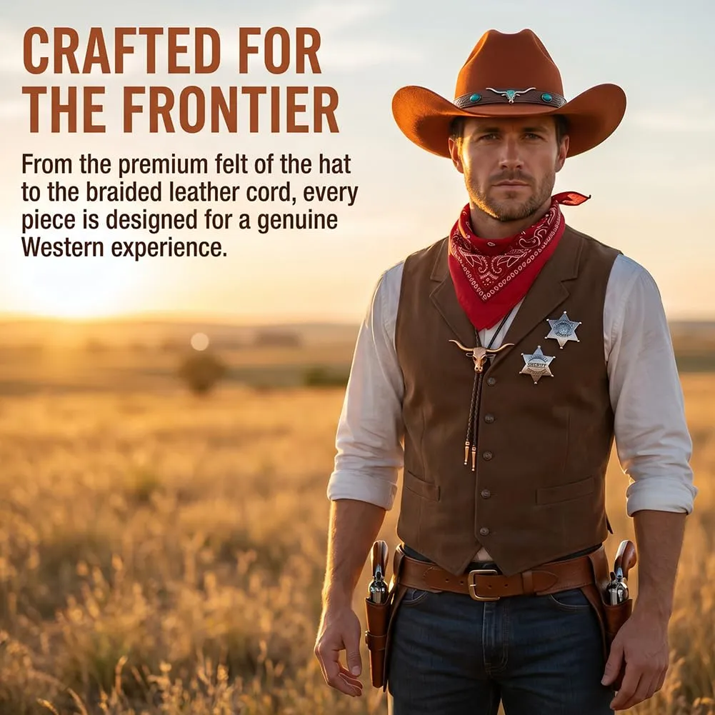 WFKKMEQ Costume da Cowboy per Cosplay, Kit Accessori con Cappello, Bandana, Cintura, Fondina, Collana e Distintivo - immagine 5