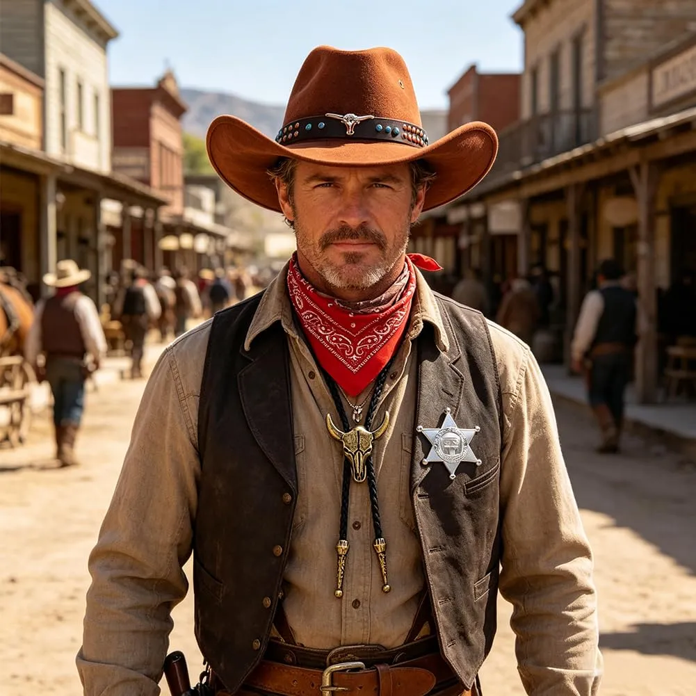 WFKKMEQ Costume da Cowboy per Cosplay, Kit Accessori con Cappello, Bandana, Cintura, Fondina, Collana e Distintivo - immagine 6