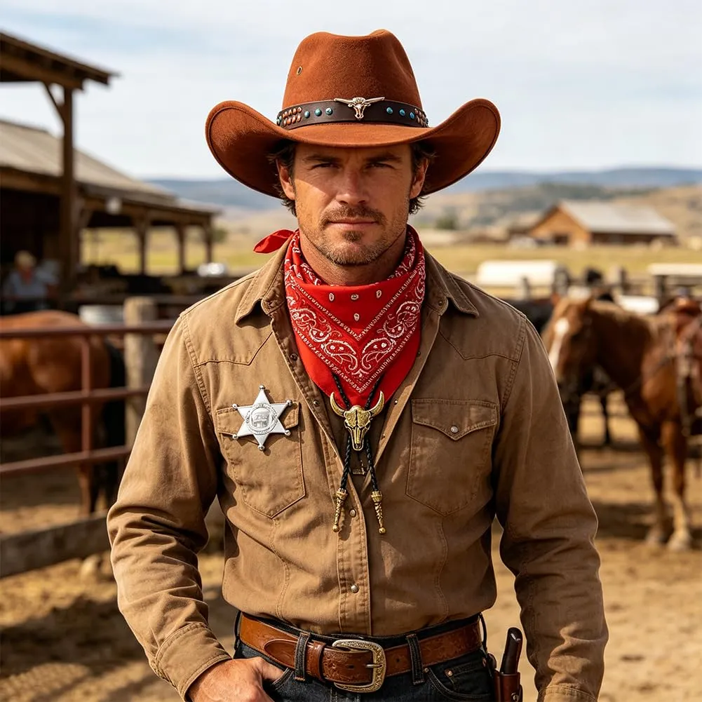 WFKKMEQ Costume da Cowboy per Cosplay, Kit Accessori con Cappello, Bandana, Cintura, Fondina, Collana e Distintivo - immagine 8