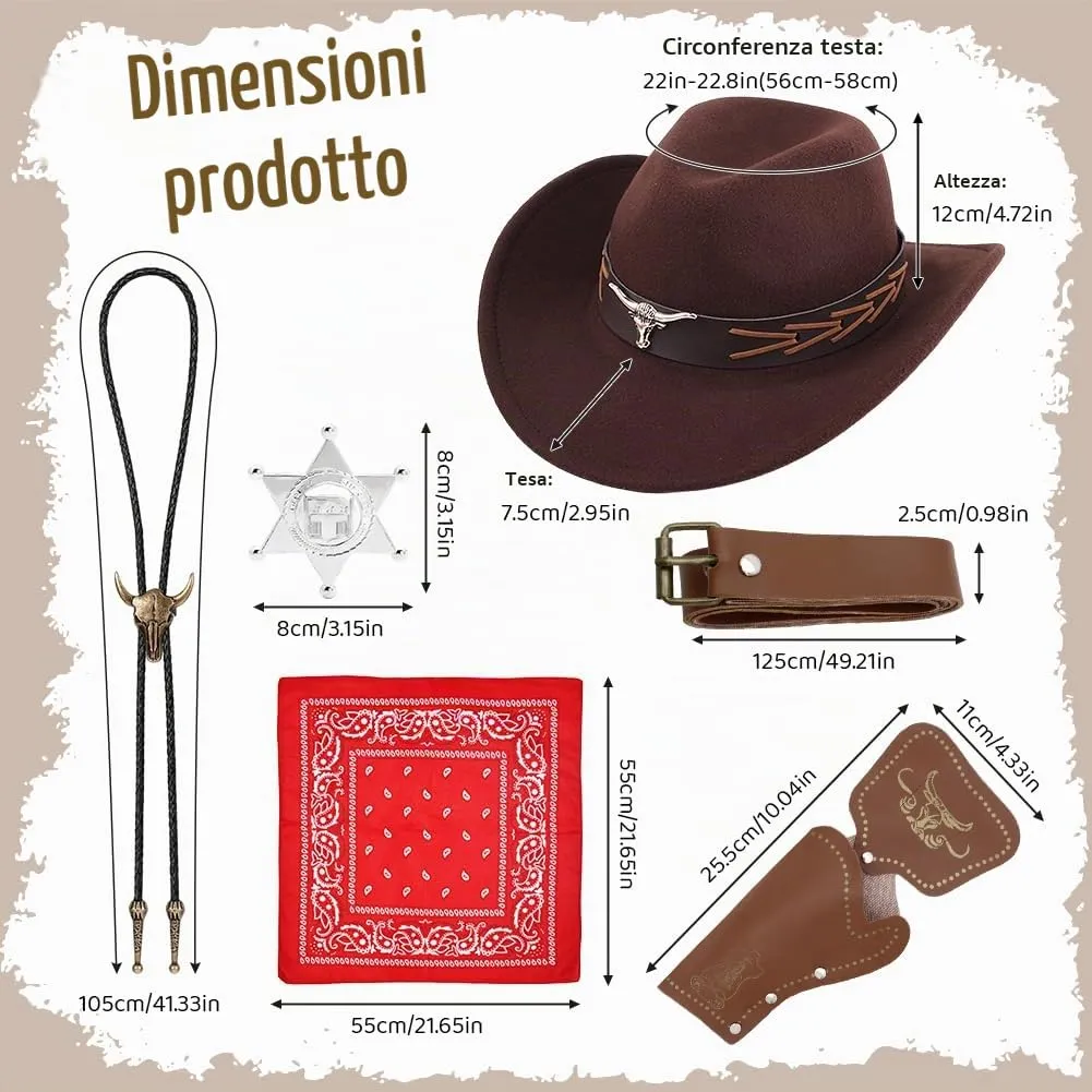 WFKKMEQ Costume da Cowboy, Set di 7 Accessori Western con Cappello, Cintura, Fondina, Bandana, Collana e Distintivo - immagine 2