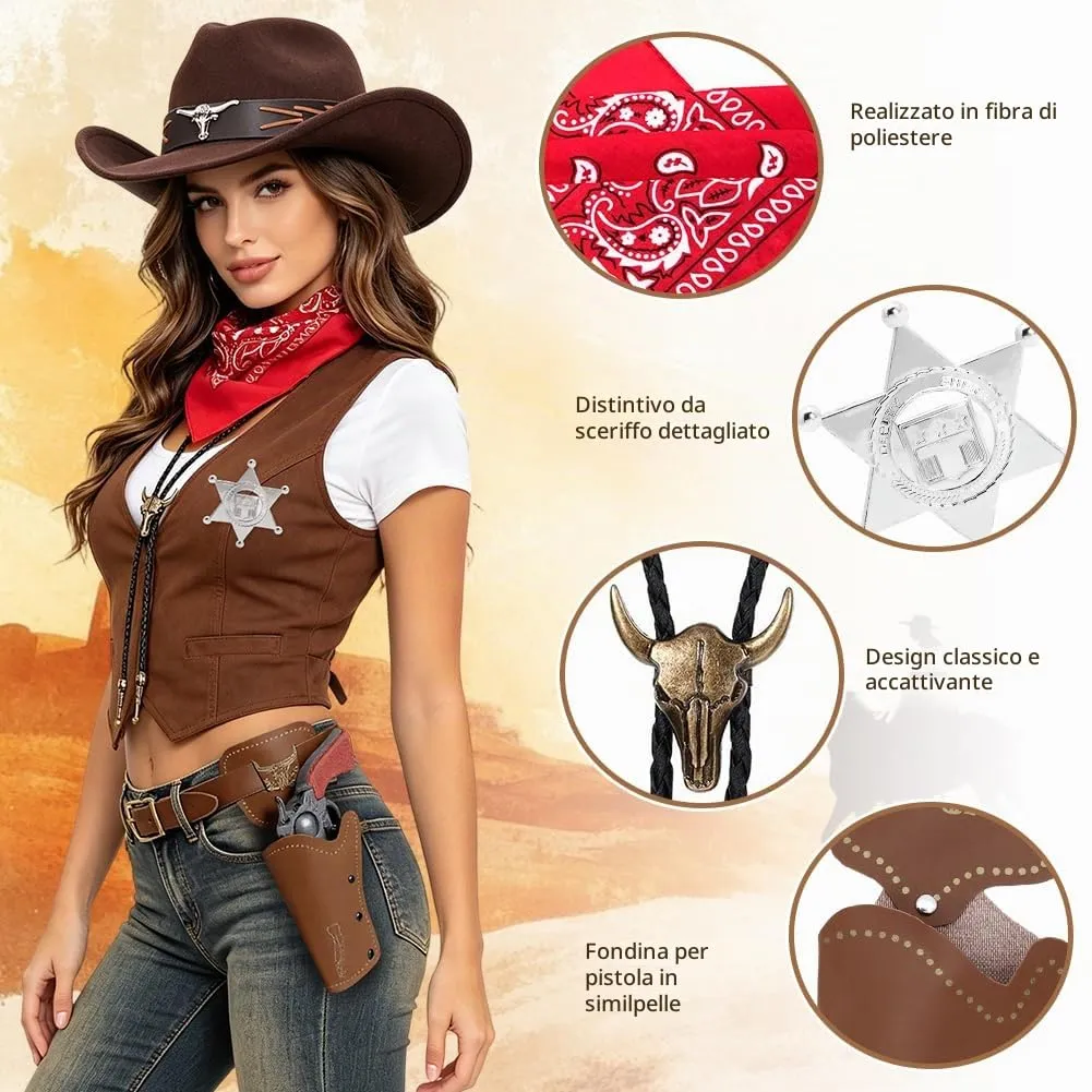 WFKKMEQ Costume da Cowboy, Set di 7 Accessori Western con Cappello, Cintura, Fondina, Bandana, Collana e Distintivo - immagine 4