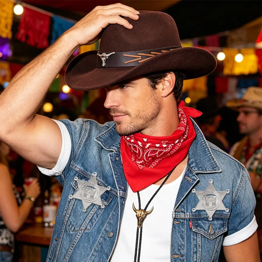 WFKKMEQ Costume da Cowboy, Set di 7 Accessori Western con Cappello, Cintura, Fondina, Bandana, Collana e Distintivo - immagine 8
