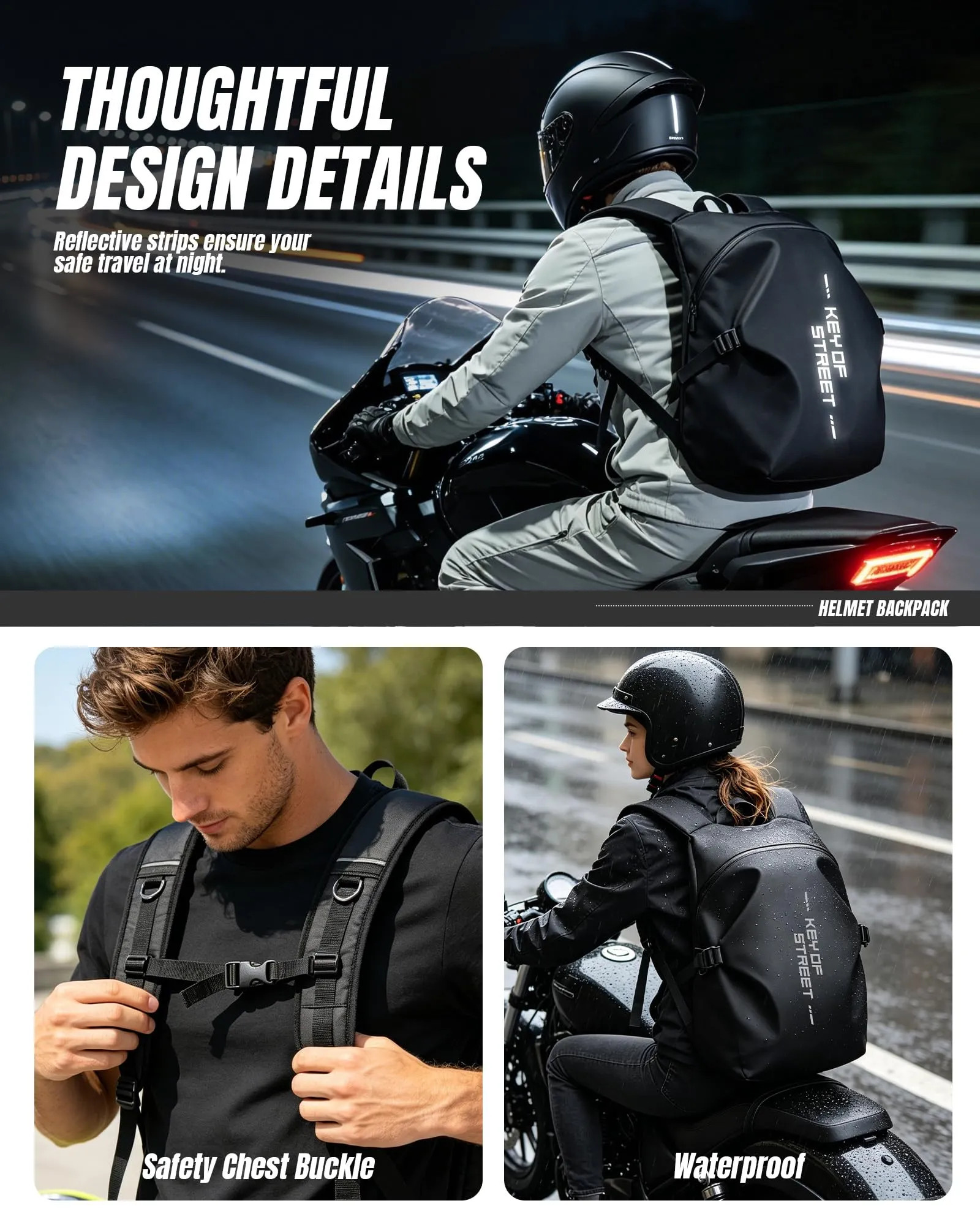 HYC00 Zaino Moto Impermeabile Riflettente per Casco Uomo Donna - immagine 5