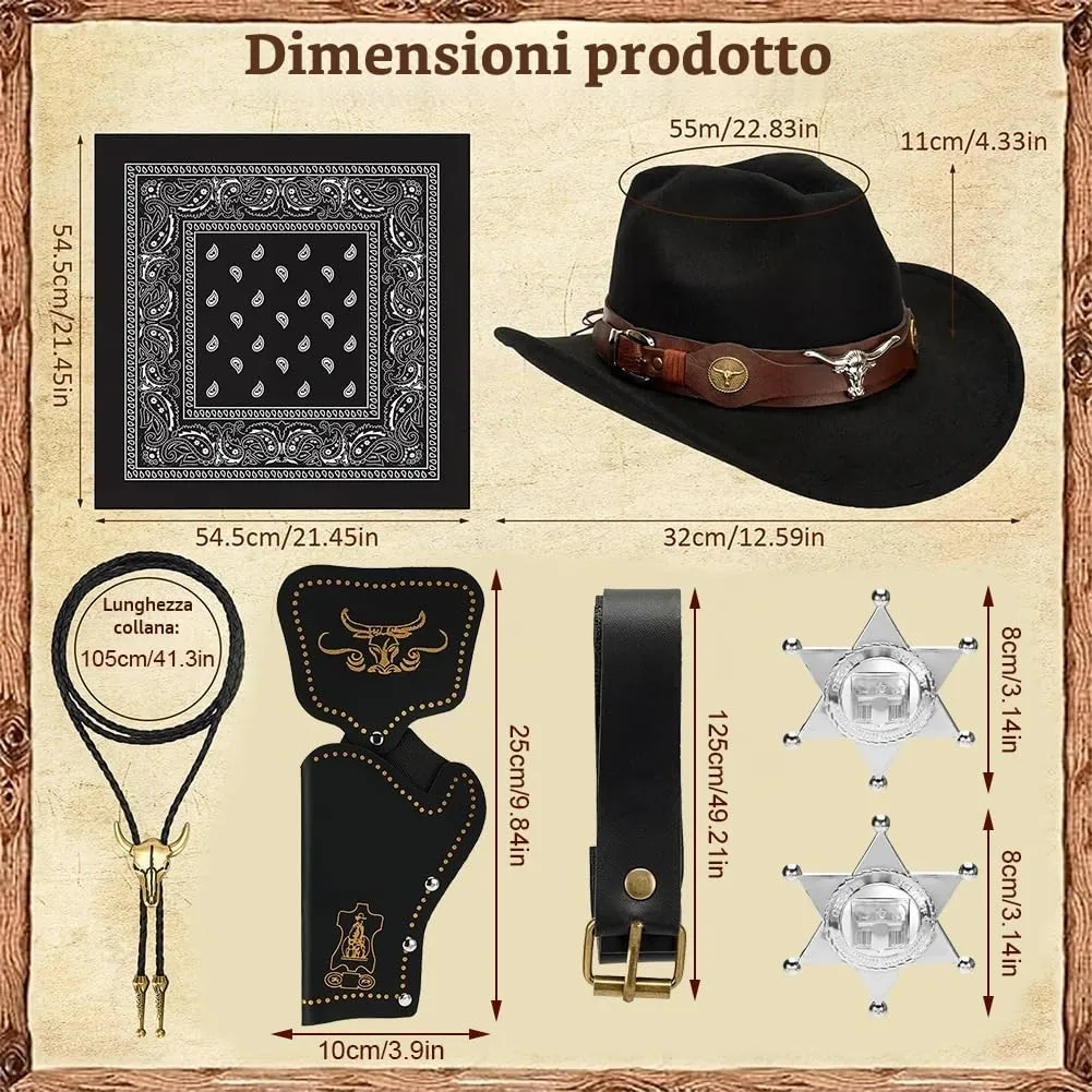 WFKKMEQ Costume da Cowboy Kit Accessori con Bandana, Cappello, Cintura, Fondina, Collana e Distintivo - immagine 2