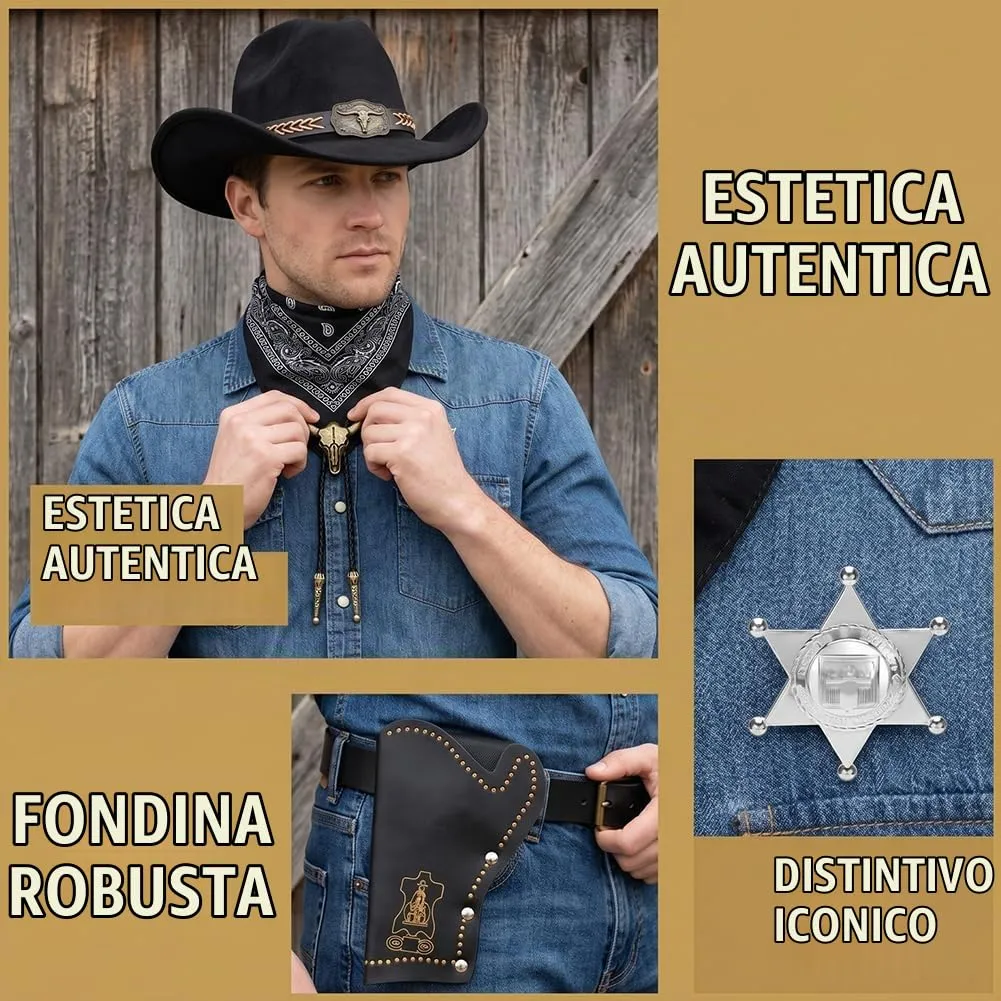 WFKKMEQ Costume da Cowboy Kit Accessori con Bandana, Cappello, Cintura, Fondina, Collana e Distintivo - immagine 4