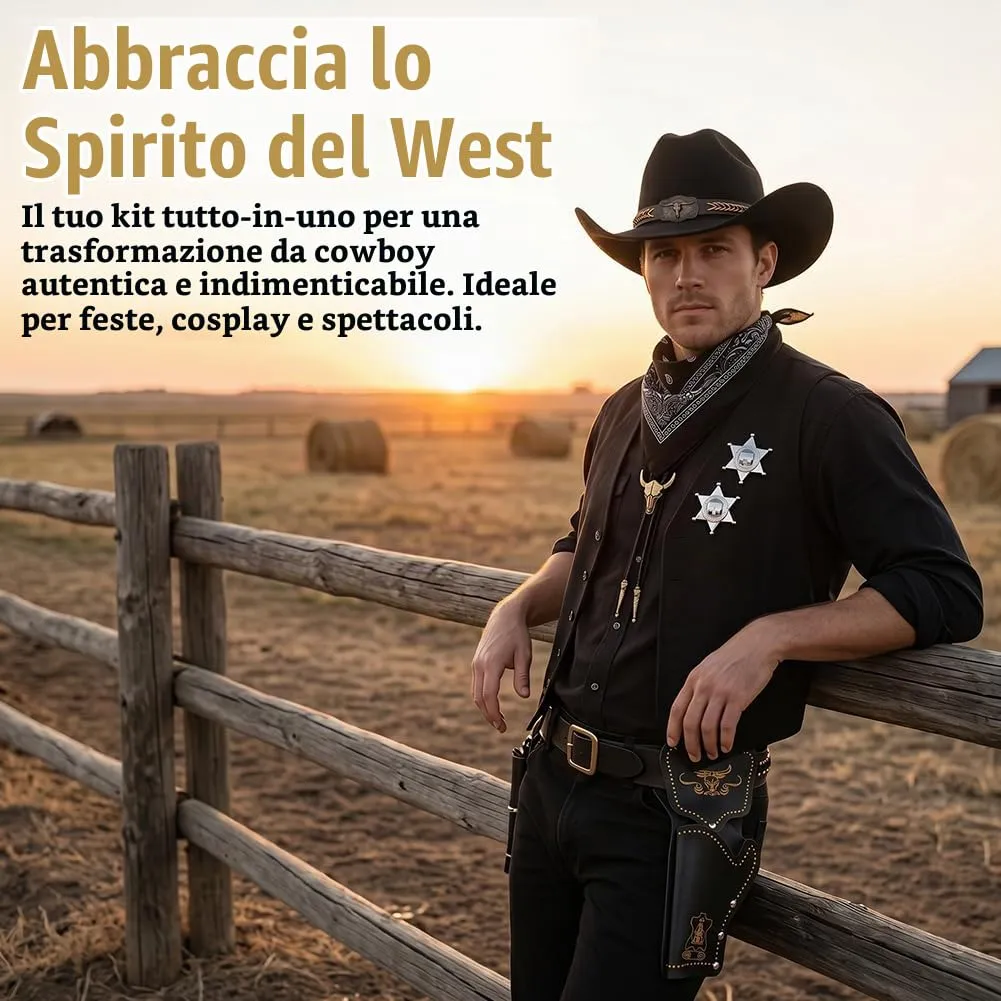 WFKKMEQ Costume da Cowboy Kit Accessori con Bandana, Cappello, Cintura, Fondina, Collana e Distintivo - immagine 5