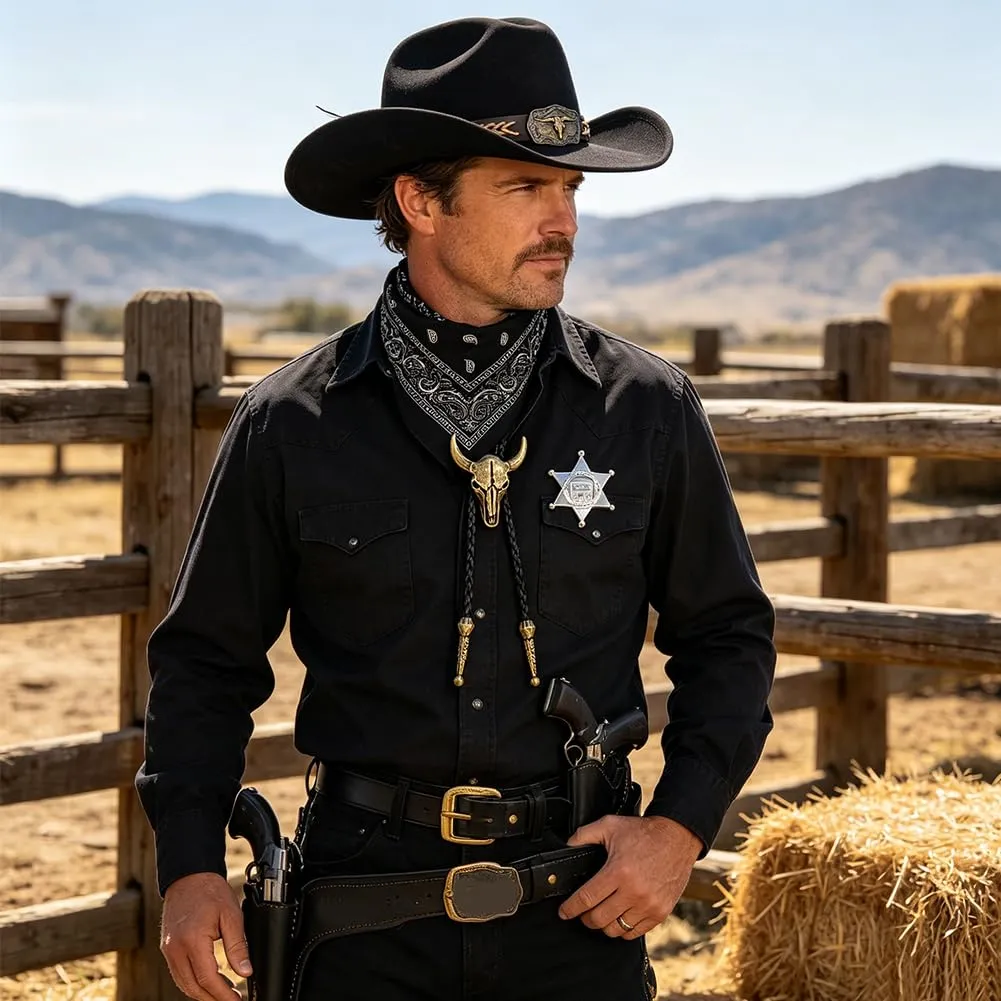 WFKKMEQ Costume da Cowboy Kit Accessori con Bandana, Cappello, Cintura, Fondina, Collana e Distintivo - immagine 8