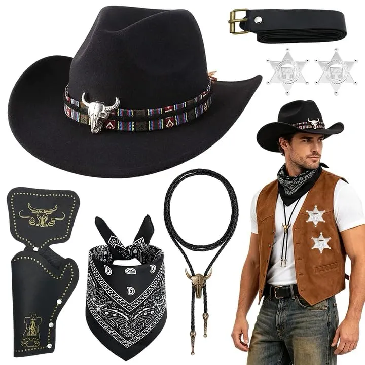 WFKKMEQ Costume da Cowboy, Kit 7 Pezzi con Cappello, Bandana, Cintura, Fondina, Collana e Distintivo - immagine 1