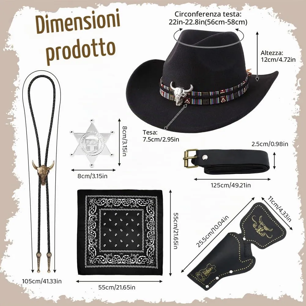 WFKKMEQ Costume da Cowboy, Kit 7 Pezzi con Cappello, Bandana, Cintura, Fondina, Collana e Distintivo - immagine 2