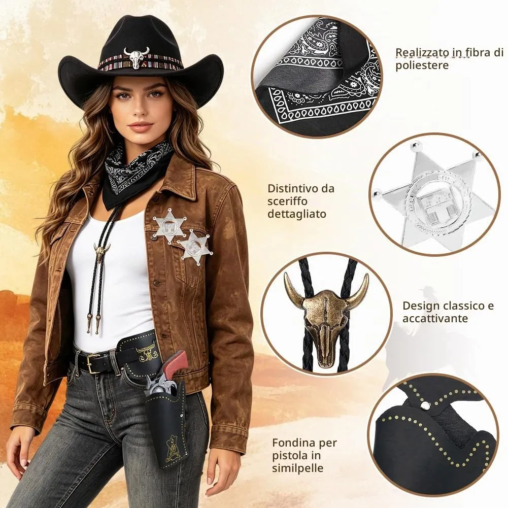 WFKKMEQ Costume da Cowboy, Kit 7 Pezzi con Cappello, Bandana, Cintura, Fondina, Collana e Distintivo - immagine 4
