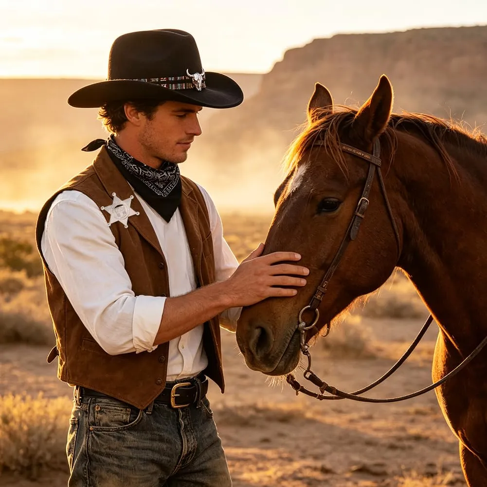 WFKKMEQ Costume da Cowboy, Kit 7 Pezzi con Cappello, Bandana, Cintura, Fondina, Collana e Distintivo - immagine 8