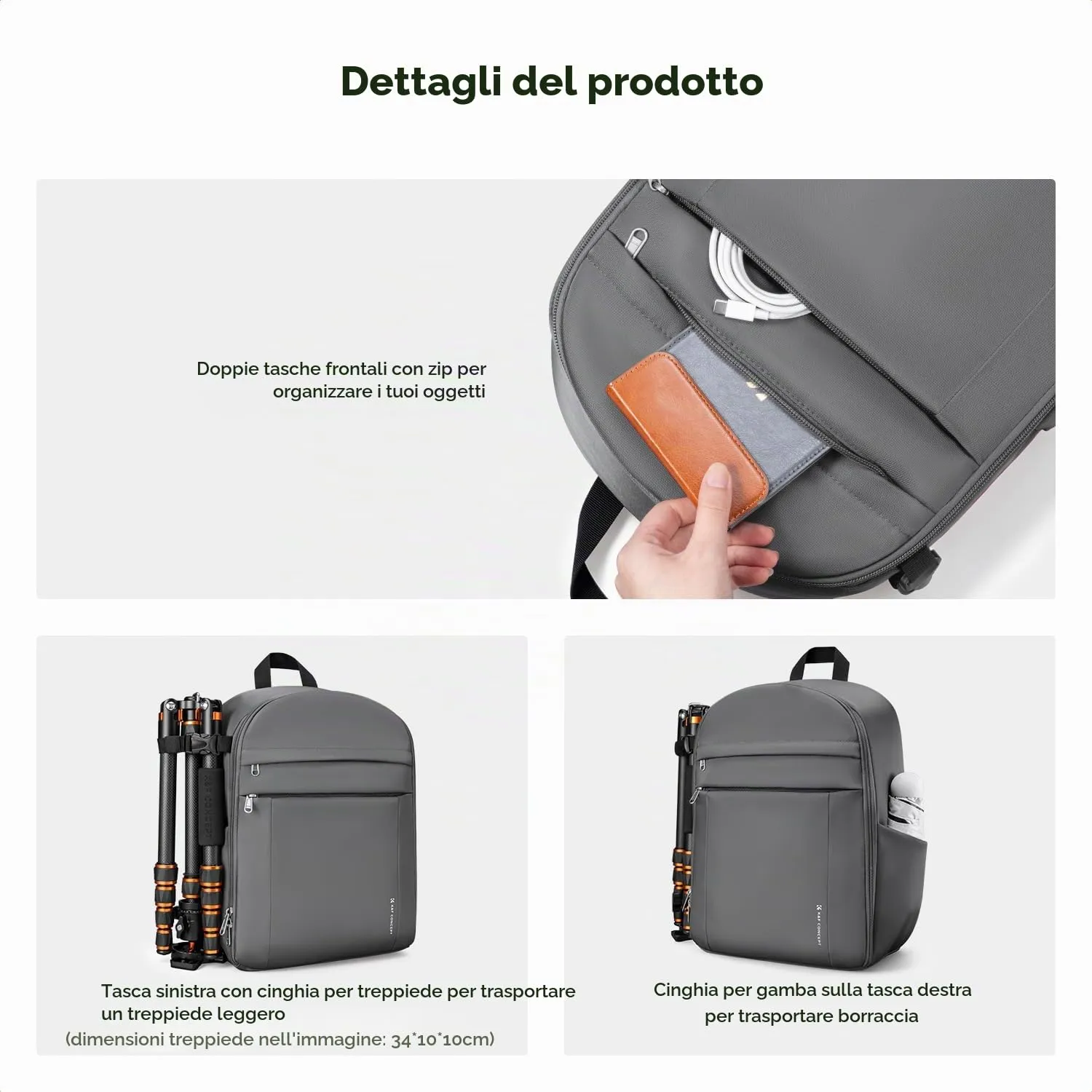 K&F CONCEPT Zaino Foto Compatto 13L con Parapioggia Impermeabile, Grigio - immagine 2