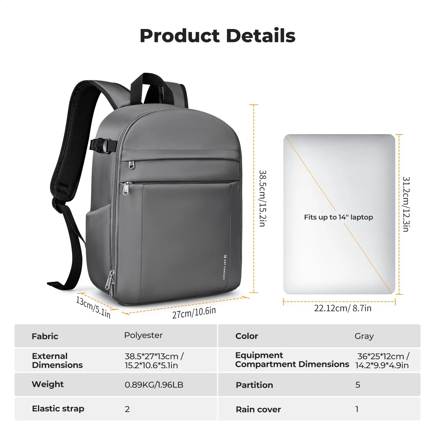 K&F CONCEPT Zaino Foto Compatto 13L con Parapioggia Impermeabile, Grigio - immagine 3