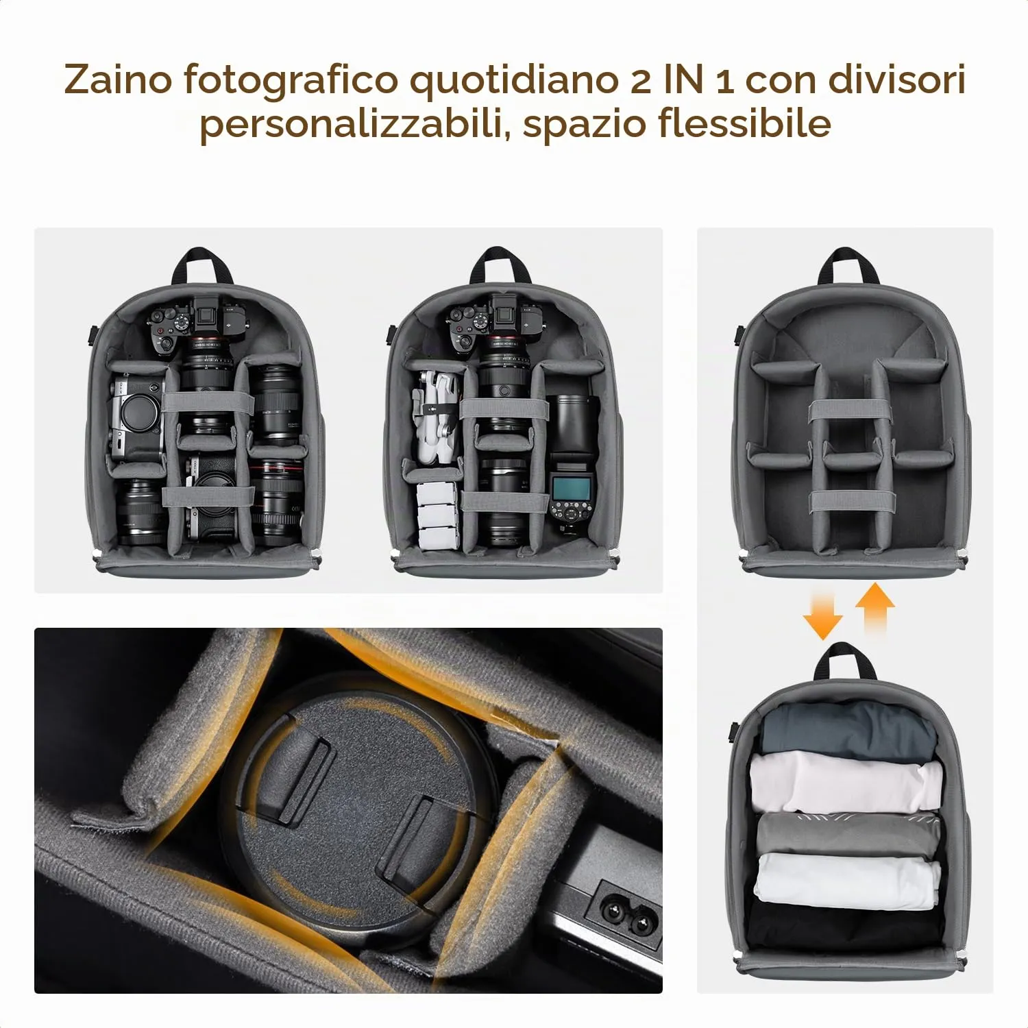 K&F CONCEPT Zaino Foto Compatto 13L con Parapioggia Impermeabile, Grigio - immagine 5