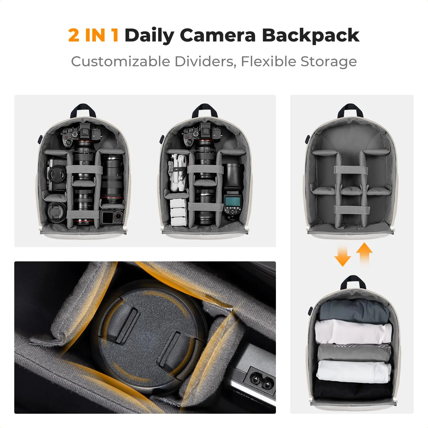 K&F Concept Zaino Fotografico Compatto 13L con Parapioggia, Bianco-Nero - immagine 5