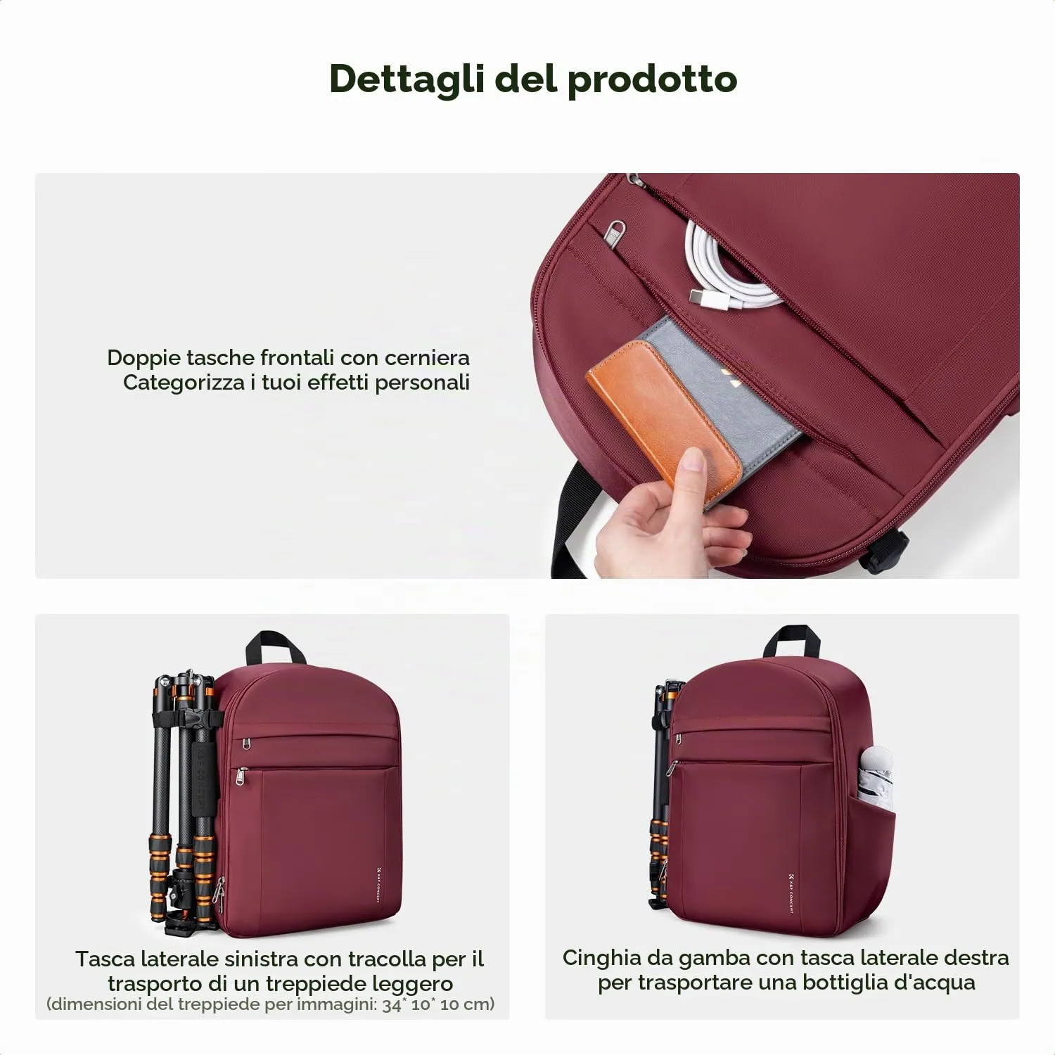 K&F Concept Zaino Fotografico Compatto 13L con Parapioggia, Rosso - immagine 2