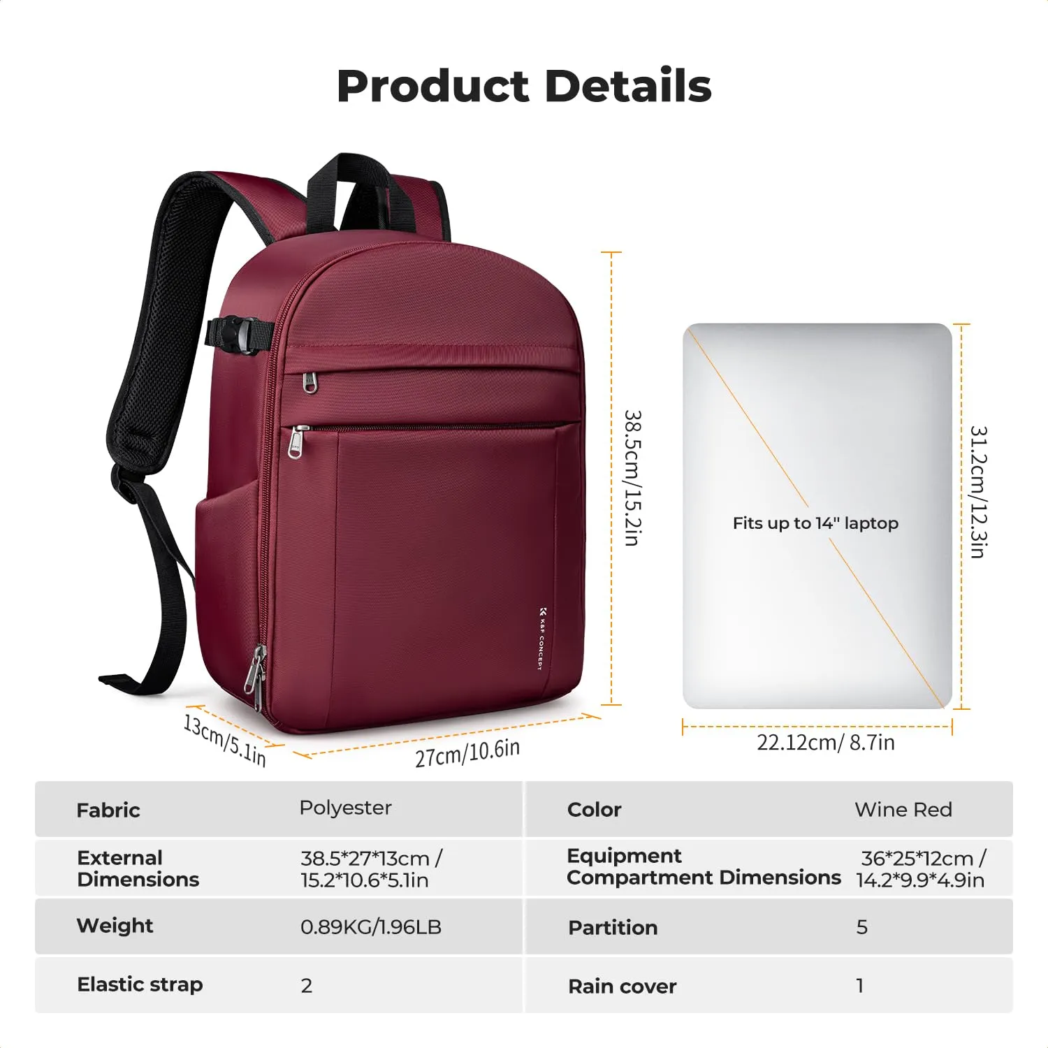 K&F Concept Zaino Fotografico Compatto 13L con Parapioggia, Rosso - immagine 3