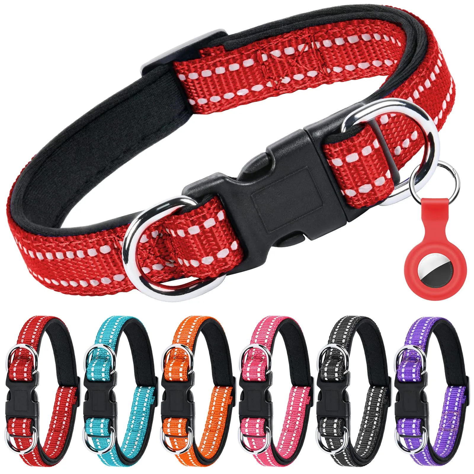 AUAUY Collare Cane in Nylon Riflettente con Doppia D, Rosso, Taglia S (29-45cm) - immagine 1