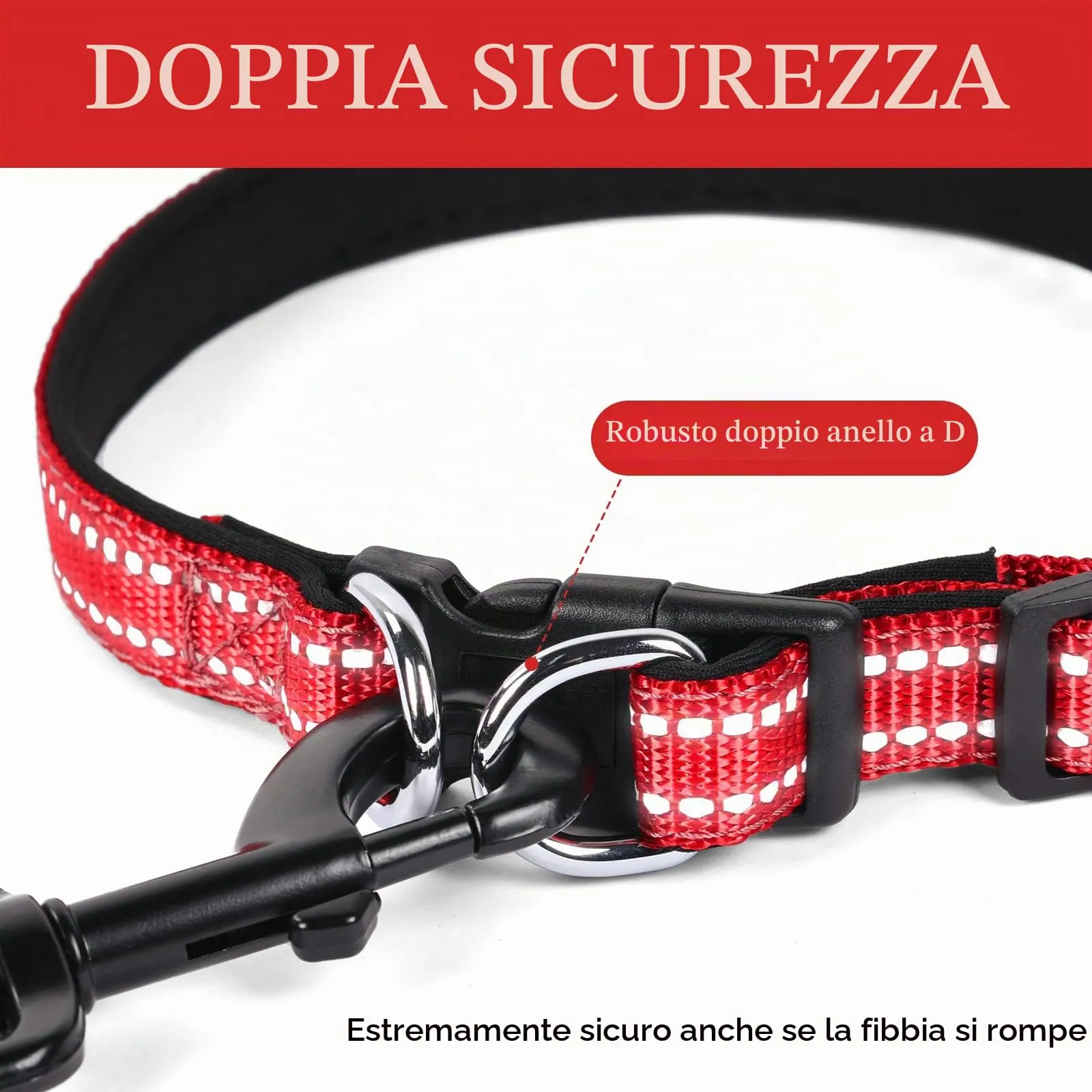 AUAUY Collare Cane in Nylon Riflettente con Doppia D, Rosso, Taglia S (29-45cm) - immagine 3