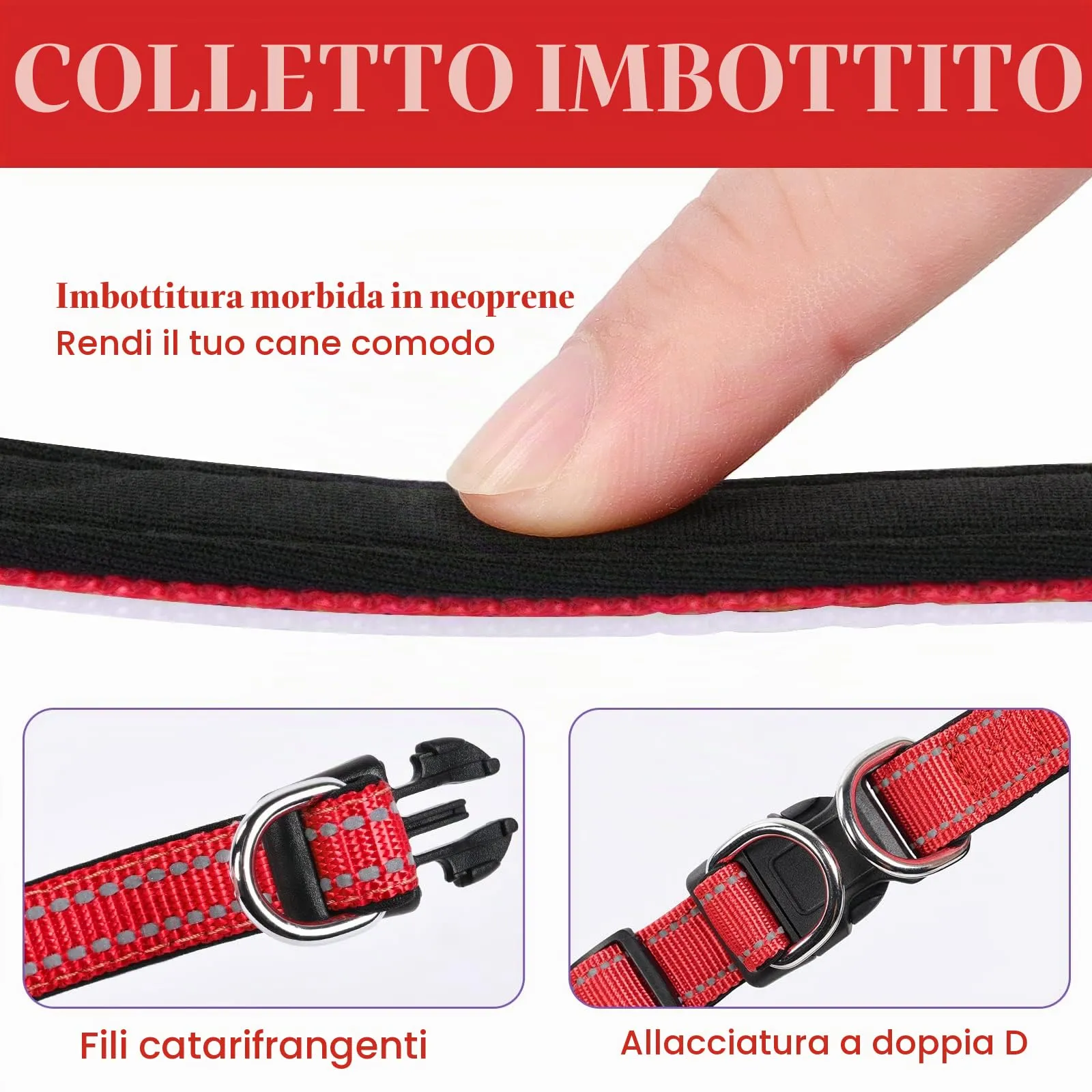 AUAUY Collare Cane in Nylon Riflettente con Doppia D, Rosso, Taglia S (29-45cm) - immagine 4