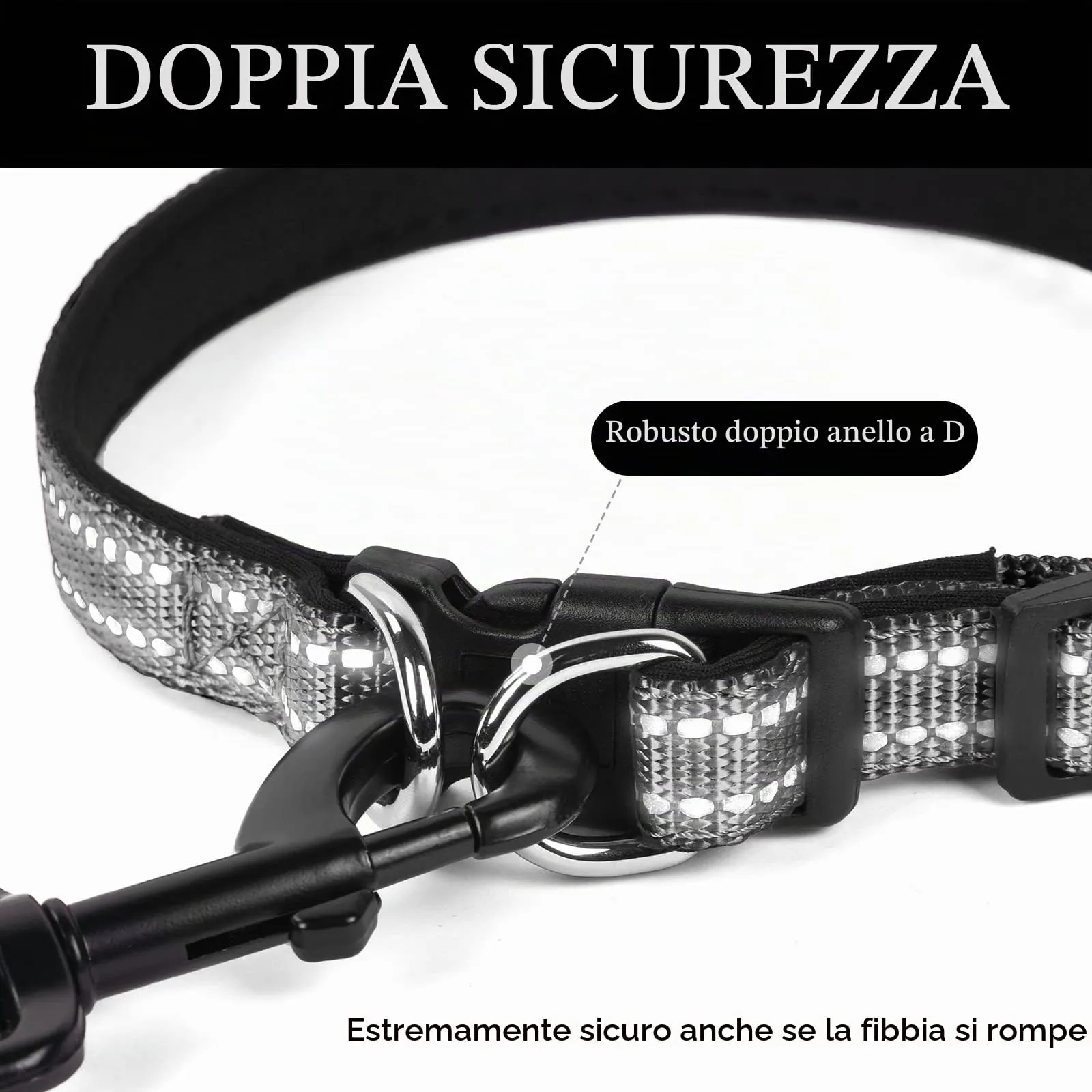 AUAUY Collare Cane in Nylon Riflettente Regolabile con Doppia D, Nero, Taglia M - immagine 3