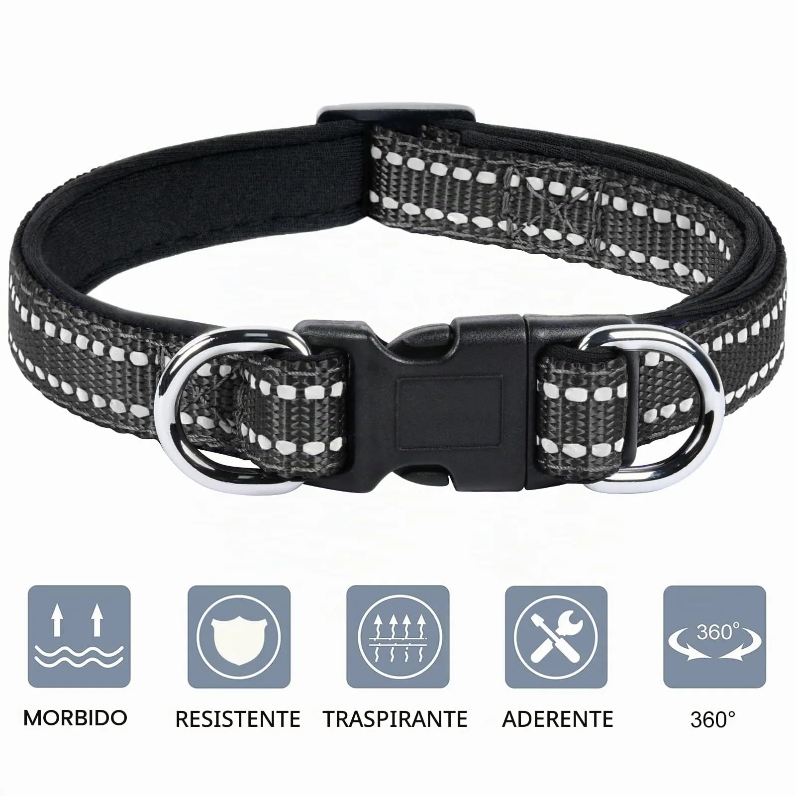 AUAUY Collare Cane in Nylon Riflettente Regolabile con Doppia D, Nero, Taglia M - immagine 5
