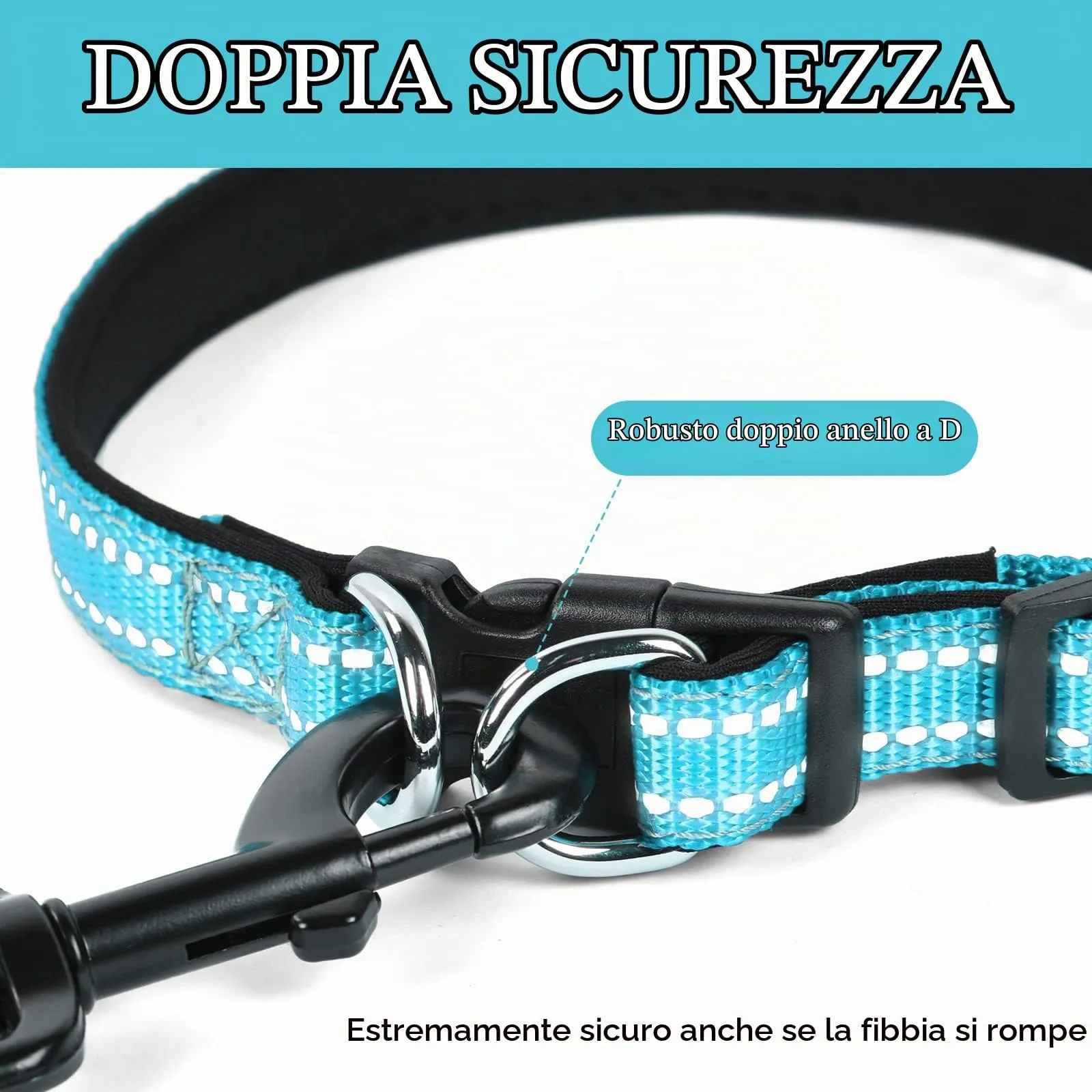 AUAUY Collare Cane in Nylon Riflettente Regolabile con Doppia D, Blu, Taglia M - immagine 2