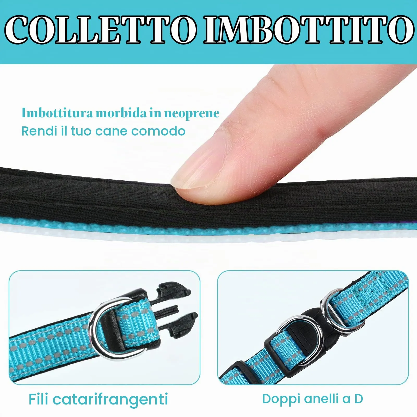 AUAUY Collare Cane in Nylon Riflettente Regolabile con Doppia D, Blu, Taglia M - immagine 3