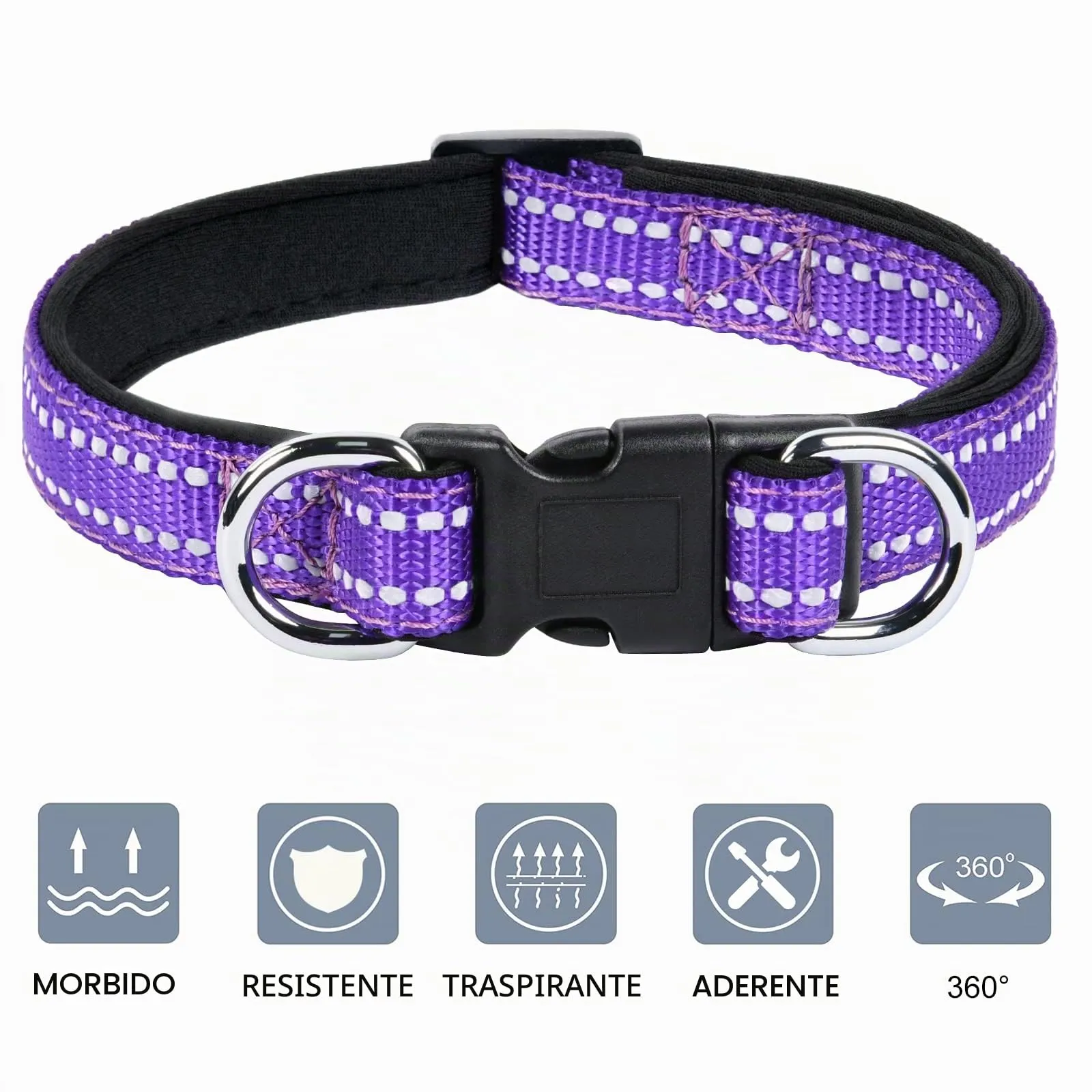 AUAUY Collare Cane in Nylon Riflettente Regolabile con Doppia D, Porpora, M - immagine 2