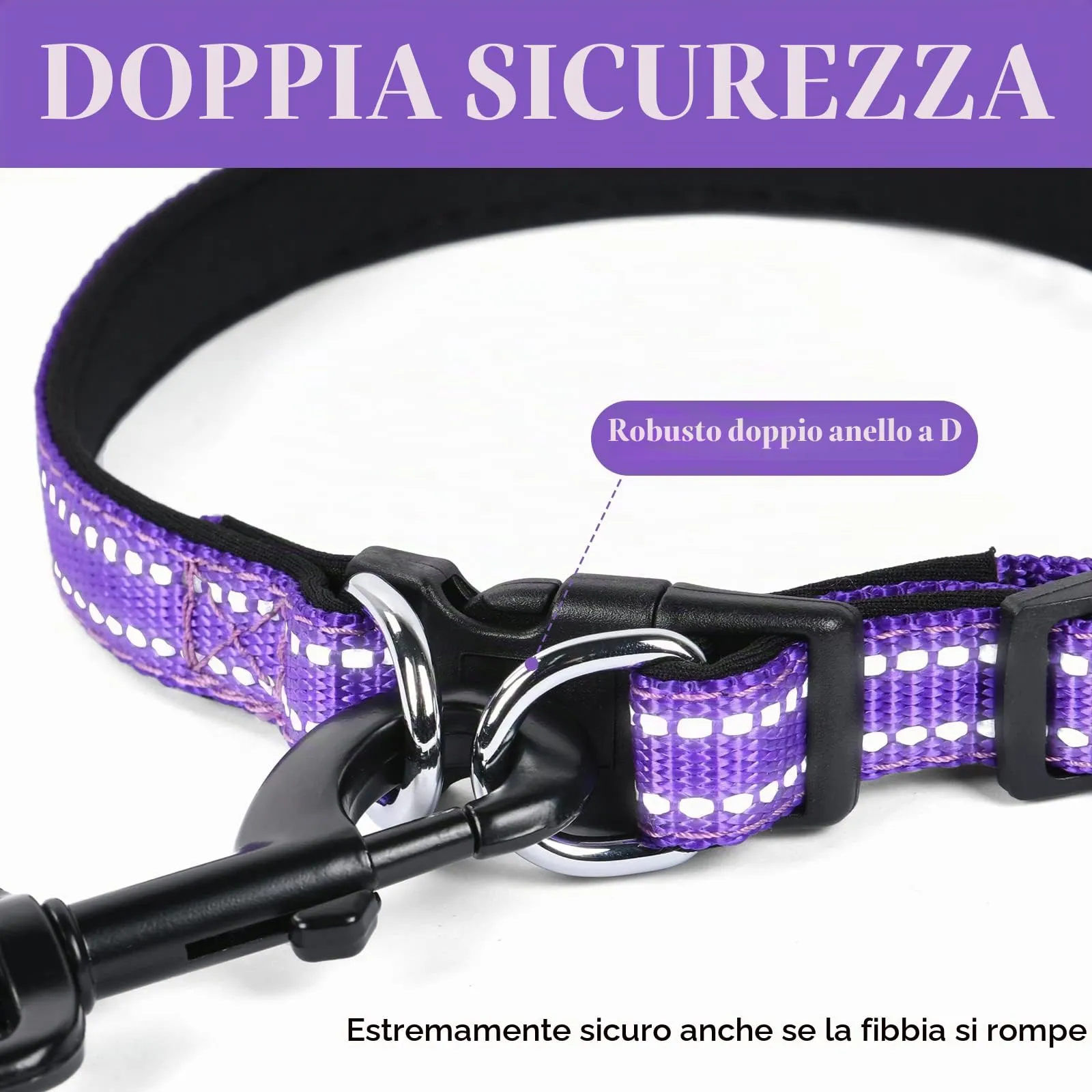 AUAUY Collare Cane in Nylon Riflettente Regolabile con Doppia D, Porpora, M - immagine 4