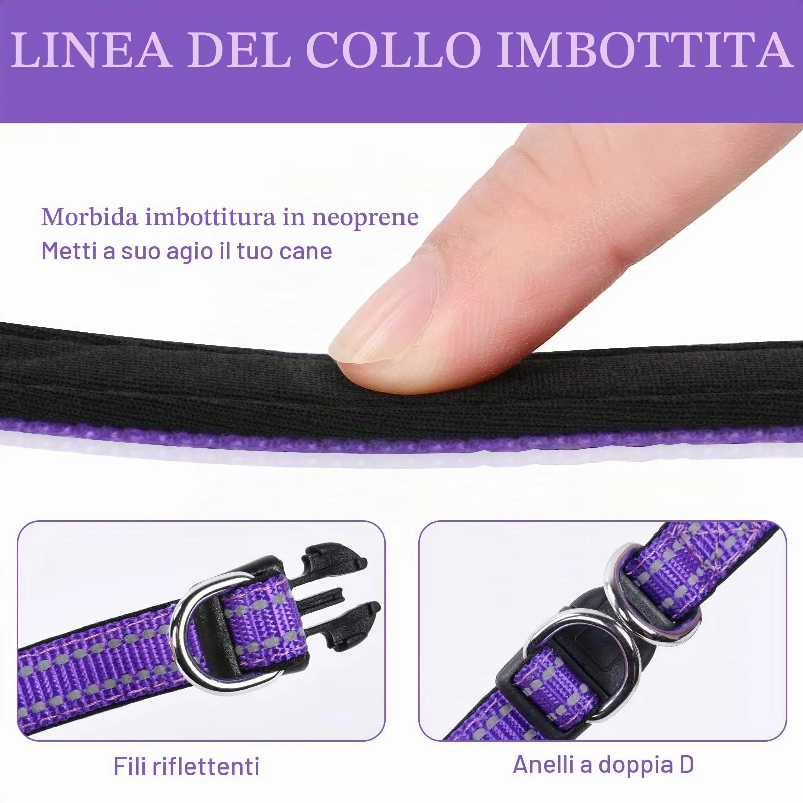 AUAUY Collare Cane in Nylon Riflettente Regolabile con Doppia D, Porpora, M - immagine 5