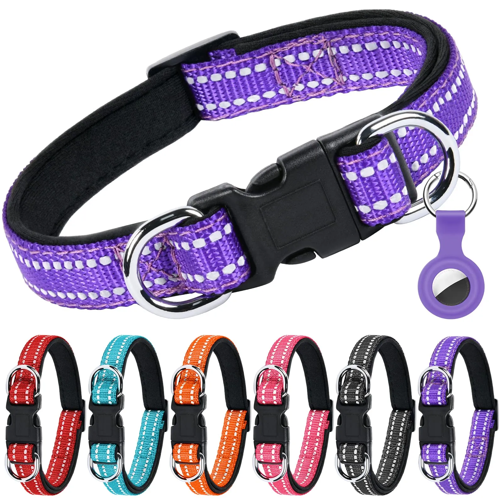 AUAUY Collare Cane in Nylon Riflettente Regolabile con Doppia D, Porpora, L - immagine 1