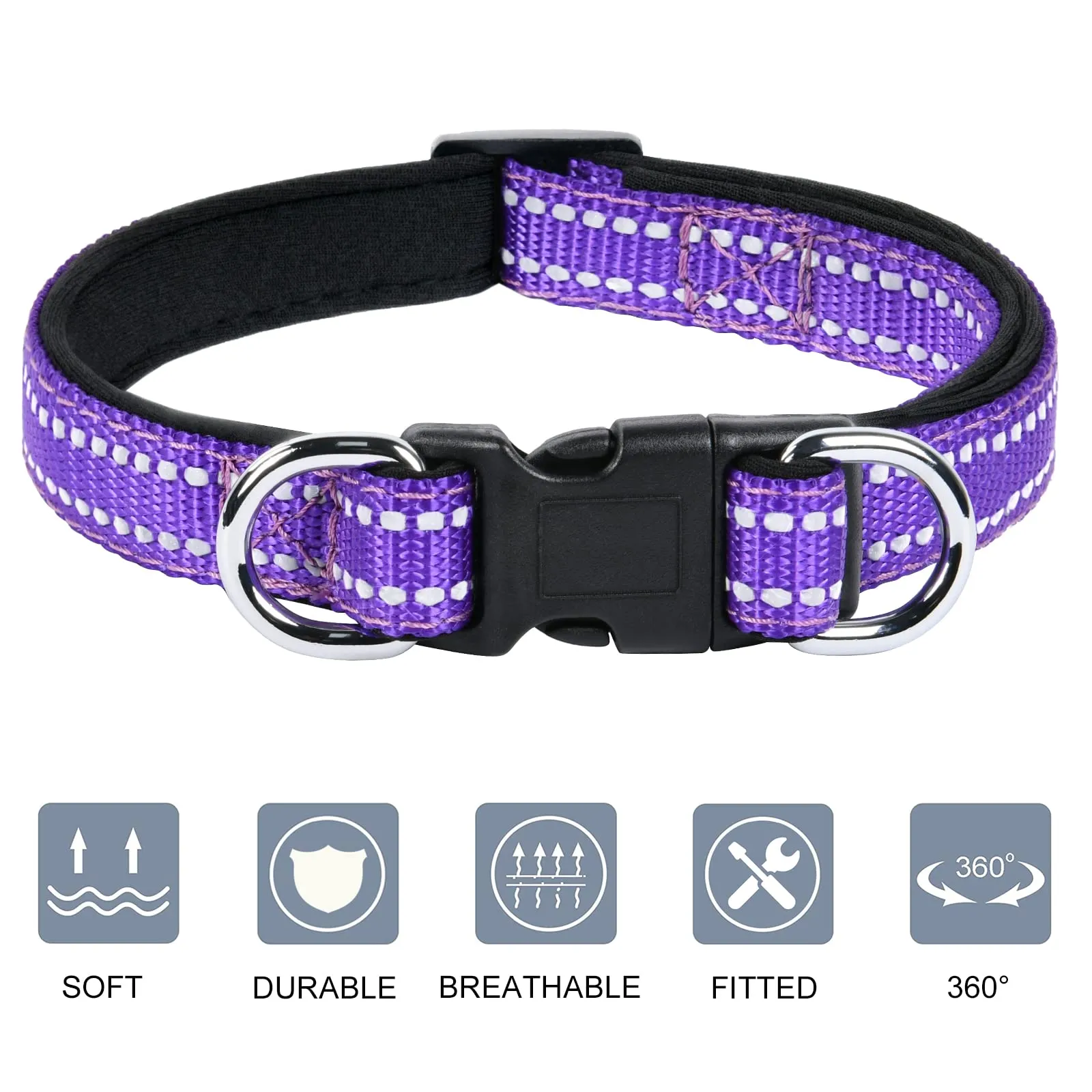 AUAUY Collare Cane in Nylon Riflettente Regolabile con Doppia D, Porpora, L - immagine 4