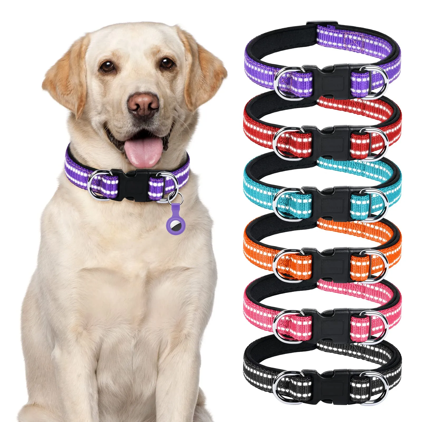 AUAUY Collare Cane in Nylon Riflettente Regolabile con Doppia D, Porpora, L - immagine 6