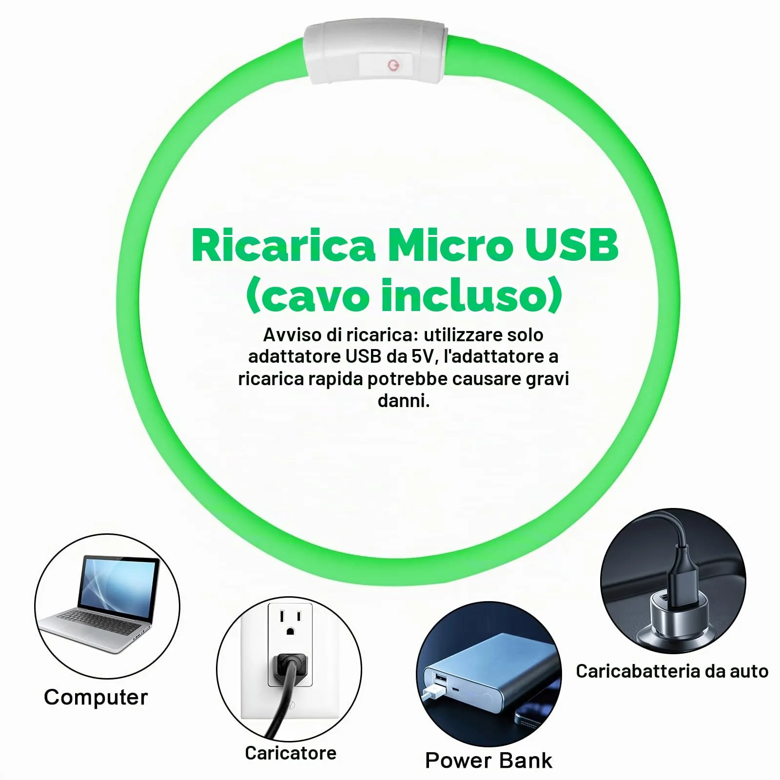 AUAUY Collare Luminoso per Cani LED Ricaricabile USB, Regolabile, Verde - immagine 5