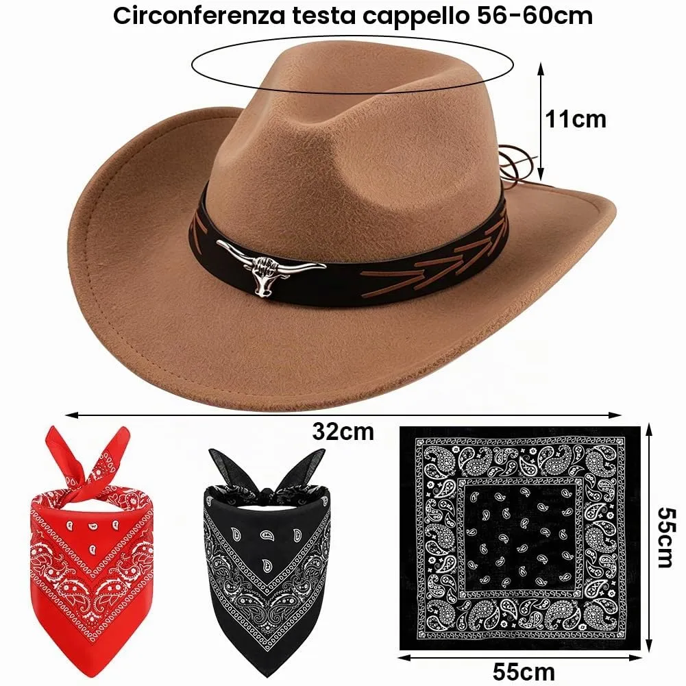 WFKKMEQ Costume da Cowboy Kit Accessori con Cappello, Bandana e Distintivo per Cosplay e Carnevale - immagine 2