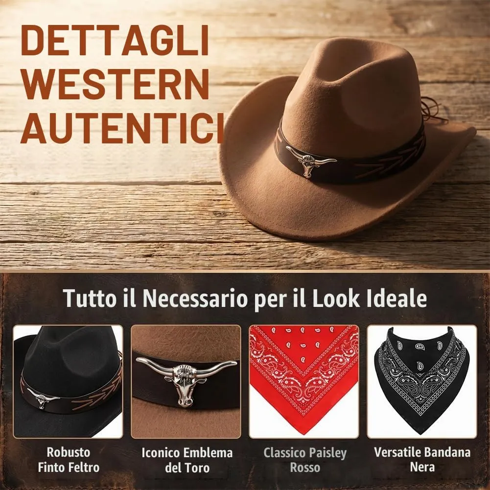 WFKKMEQ Costume da Cowboy Kit Accessori con Cappello, Bandana e Distintivo per Cosplay e Carnevale - immagine 3