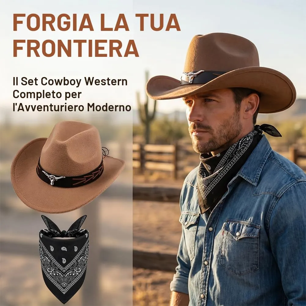 WFKKMEQ Costume da Cowboy Kit Accessori con Cappello, Bandana e Distintivo per Cosplay e Carnevale - immagine 4