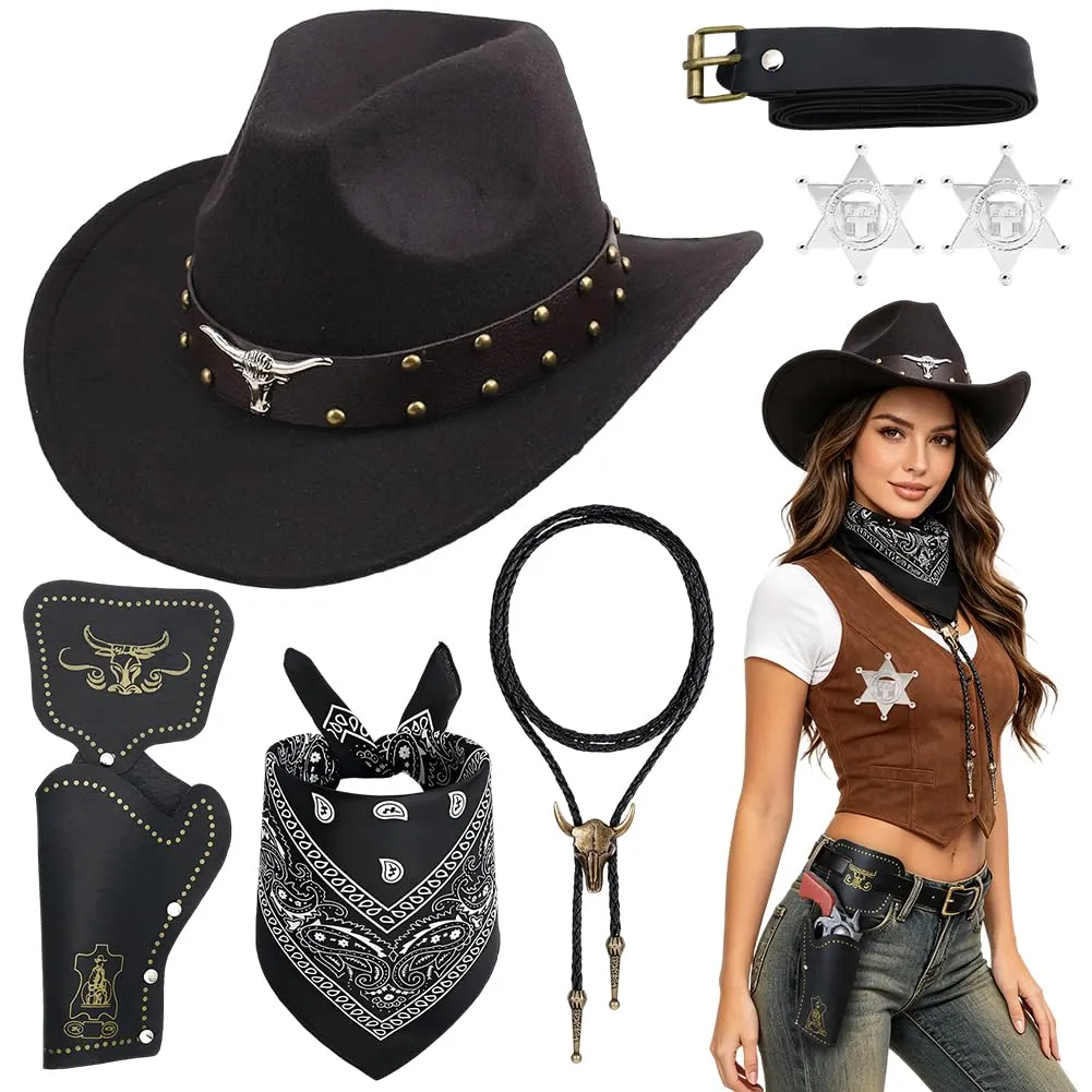 WFKKMEQ Costume da Cowboy, Kit 7 Pezzi con Cappello, Cintura, Fondina, Collana, Bandana e Distintivo - immagine 1