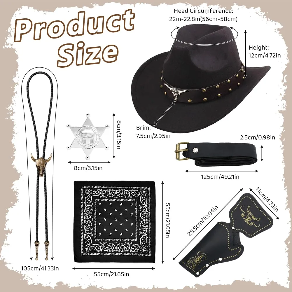 WFKKMEQ Costume da Cowboy, Kit 7 Pezzi con Cappello, Cintura, Fondina, Collana, Bandana e Distintivo - immagine 2