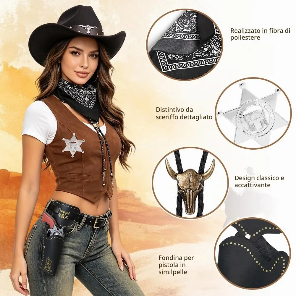 WFKKMEQ Costume da Cowboy, Kit 7 Pezzi con Cappello, Cintura, Fondina, Collana, Bandana e Distintivo - immagine 4